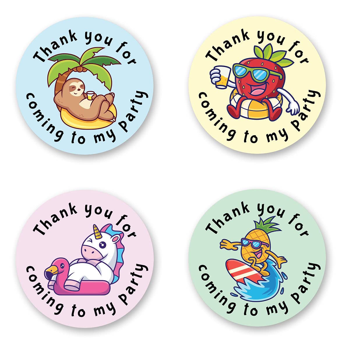 Partikraft Multicolor 40Mm Pool Beach Party Thank You For Coming To My Party Round Stickers For Party Bags & Sweet Cones - Sloth, Unicorn, Strawberry & Pineapple (24 X Stickers)