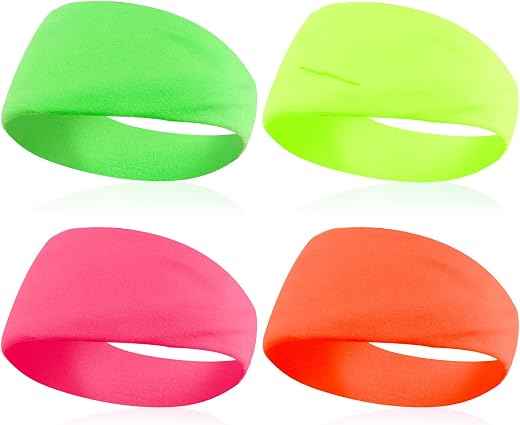 KICOSY 4PCS 80s 90s Neon Headband for Women Neon Accessories Sweat Hairbands Non-Slip Sports Headband Sweatbands Retro Par...