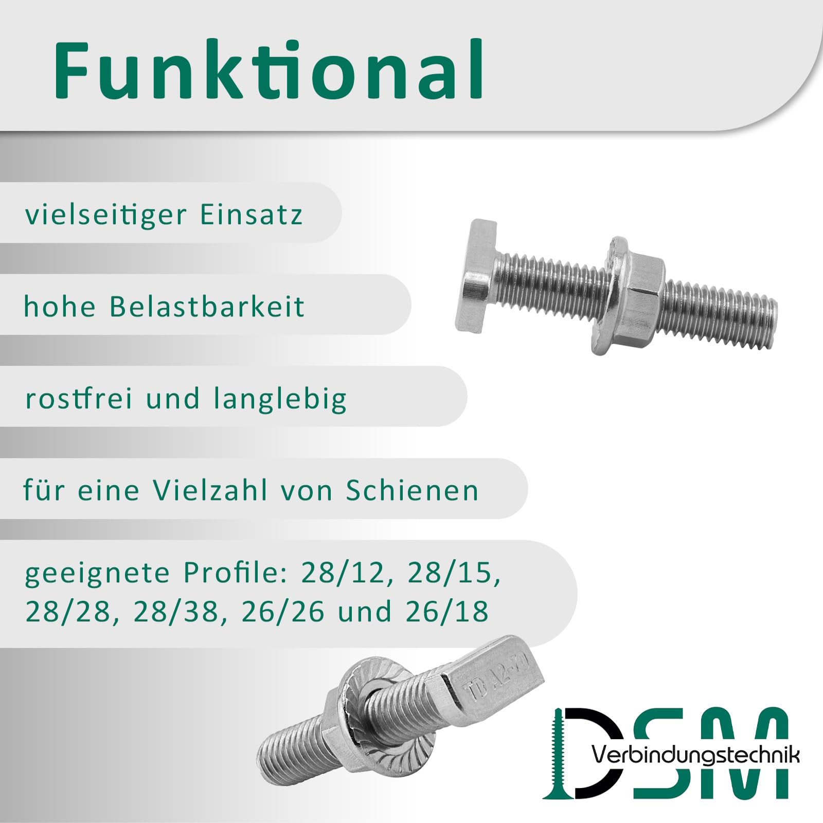 DSM – Tornillos de cabeza de martillo con tuerca de brida M10 x 50 mm – Tipo 28/15 – Acero inoxidable A2, resistente al óxido – Tuerca con dentado de bloqueo según DIN 6923 – Juego de montaje para
