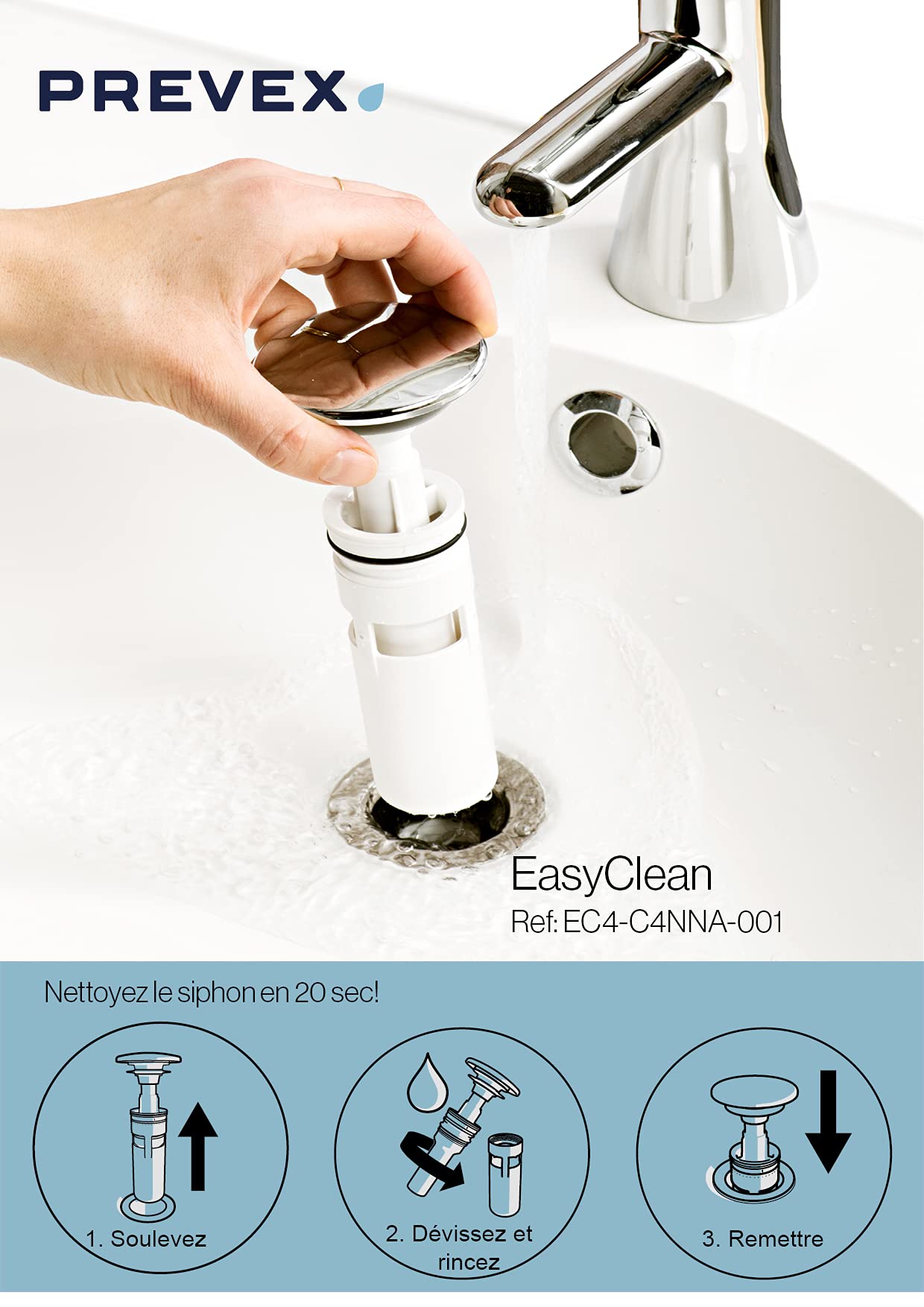 PREVEX Easyclean Siphon mit verchromtem Pop-Up für Waschbecken | aus recyceltem Kunststoff