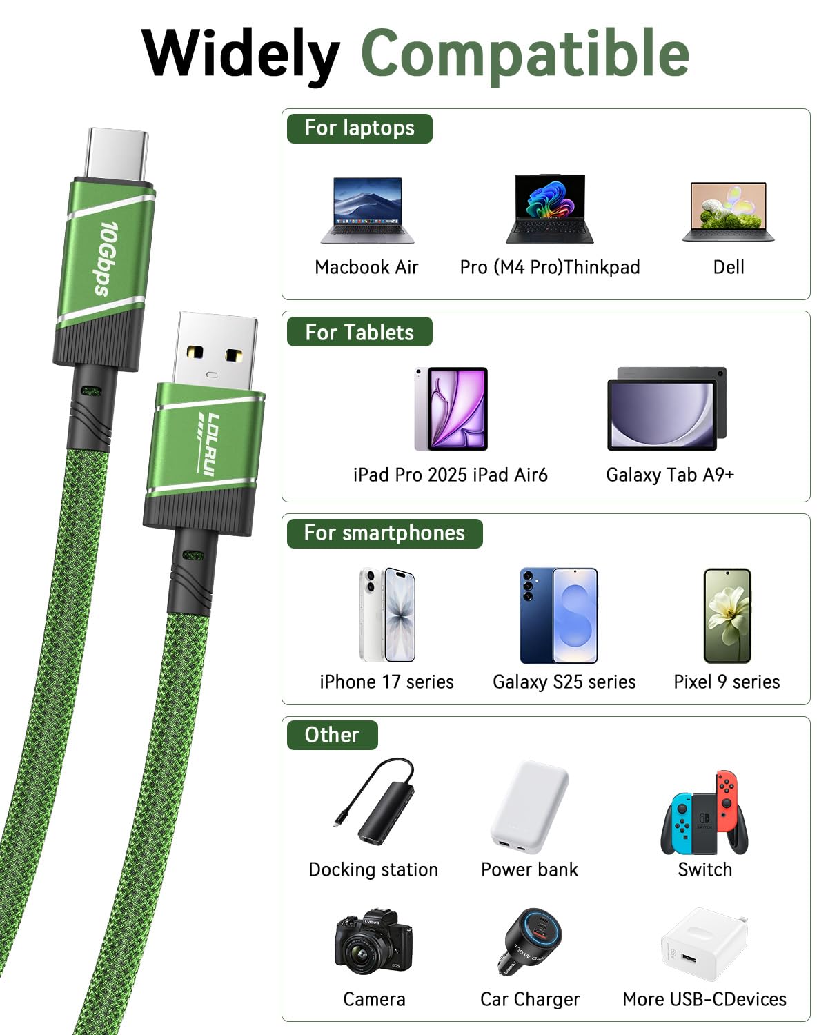 LDLrui Cavo da USB C a USB A 3.1 Gen 2, cavo di tipo C 3A per ricarica rapida e sincronizzazione dati da 10 Gbps per Android Auto, iPhone 17/16 Plus/17 Pro Max, MacBook, Samsung Galaxy S26/S24/S21