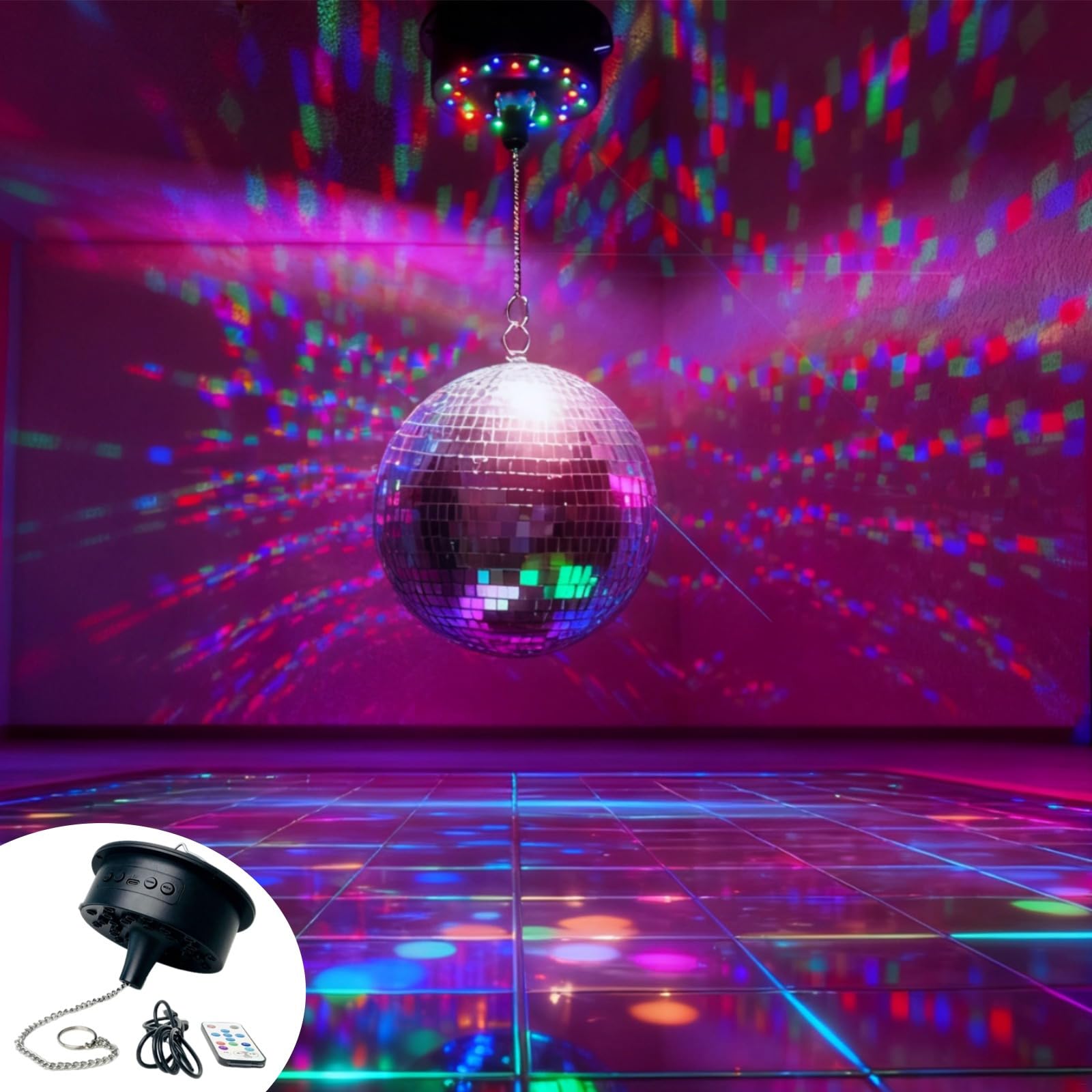 Boule lumineuse disco activée par le son, LED RVBW, alimentée par USB avec télécommande, chaîne de suspension de 25 cm, boule miroir de fête pour bar karaoké