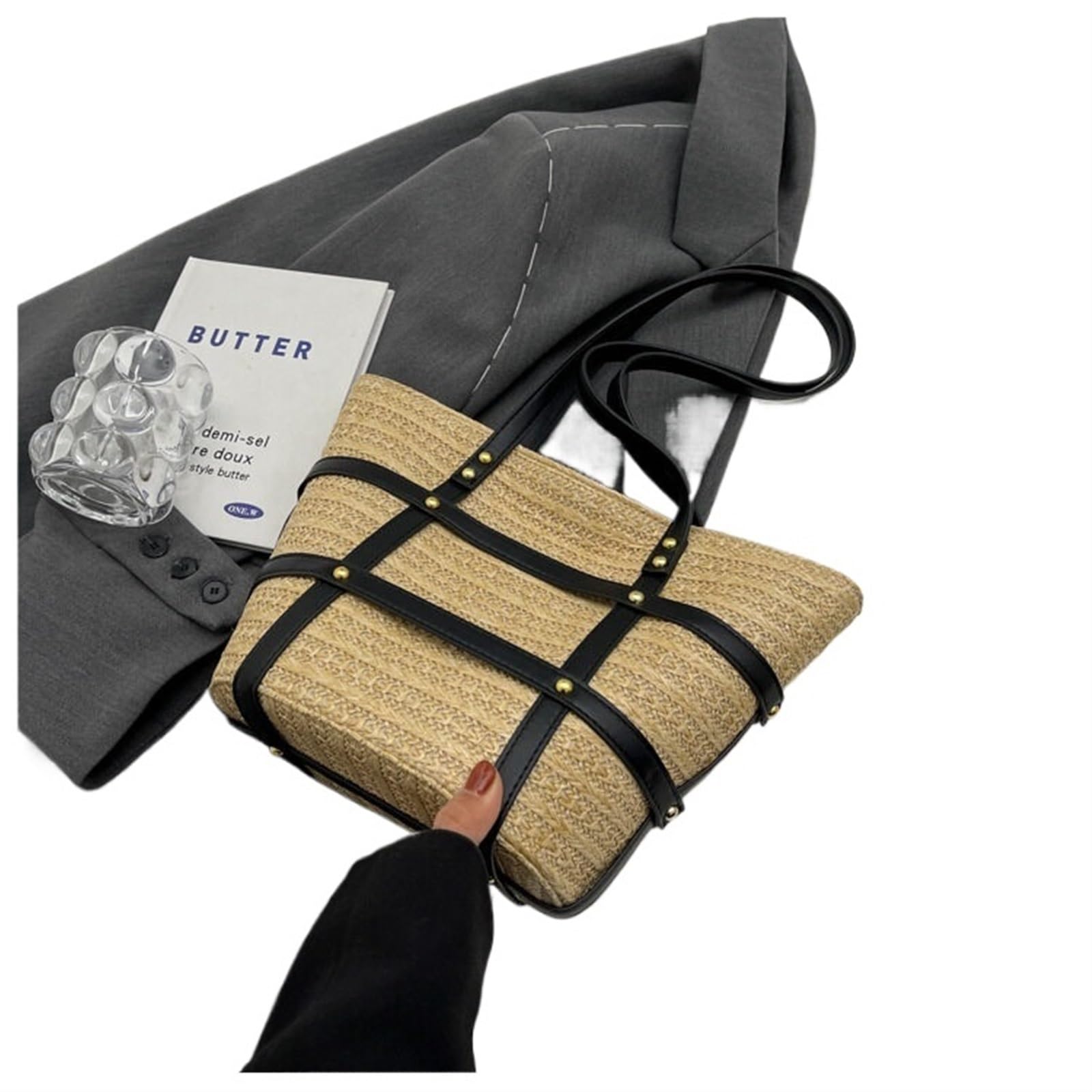 Stroh Handtasche Damen Große Winter Large-Capacity Straw Bag Bag Fashion Shoulder Bag Versatile Large-Capacity Tote Bucket Bag Entworfen Für Die Reise Zum Strand Im Urlaub(Khaki with Black)