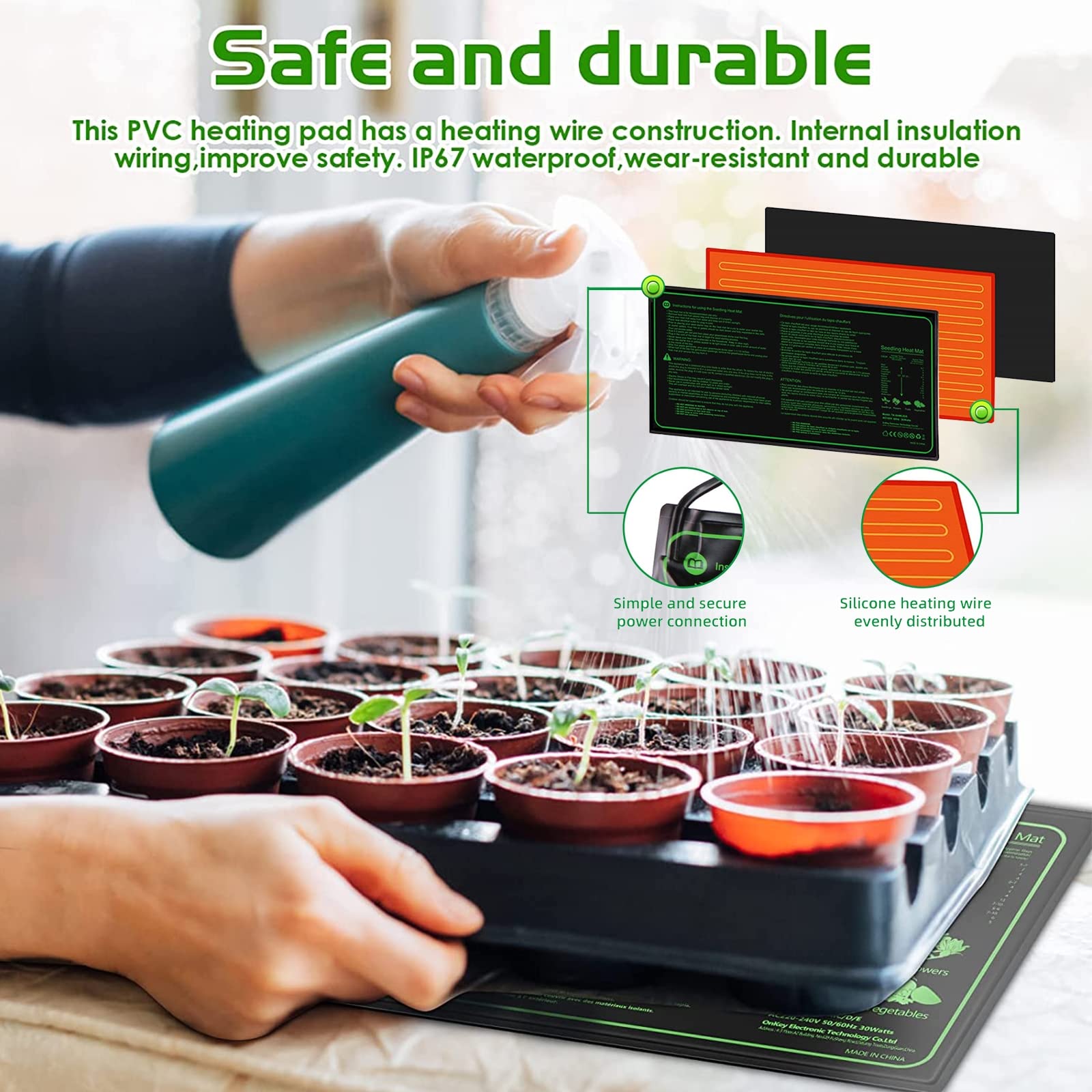 Tappetino Riscaldante Impermeabile per Piantine E Controller Termostato, Tappeto Termico per Serra Germinazione Anfibi Rettili con LED E Sonda Regolabile, 6 Temperature E 6 Set di Timer,10"x20"