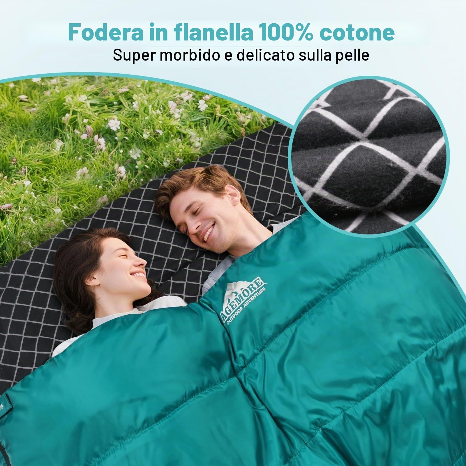 Sacco a letto doppio in cotone flanella per campeggio, zaino o escursionismo. Sacco a letto impermeabile Queen Size 2 persone per adulti