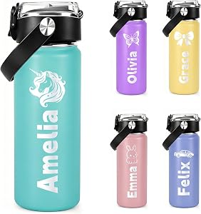 Personalized Water Bottles for Kids with Engraved Name, 18oz Custom Water Bottle Stainless Steel Insulated with Lid & Straw, BPA Free, Back to School Birthday Gift for Girls Boys (Engraved)