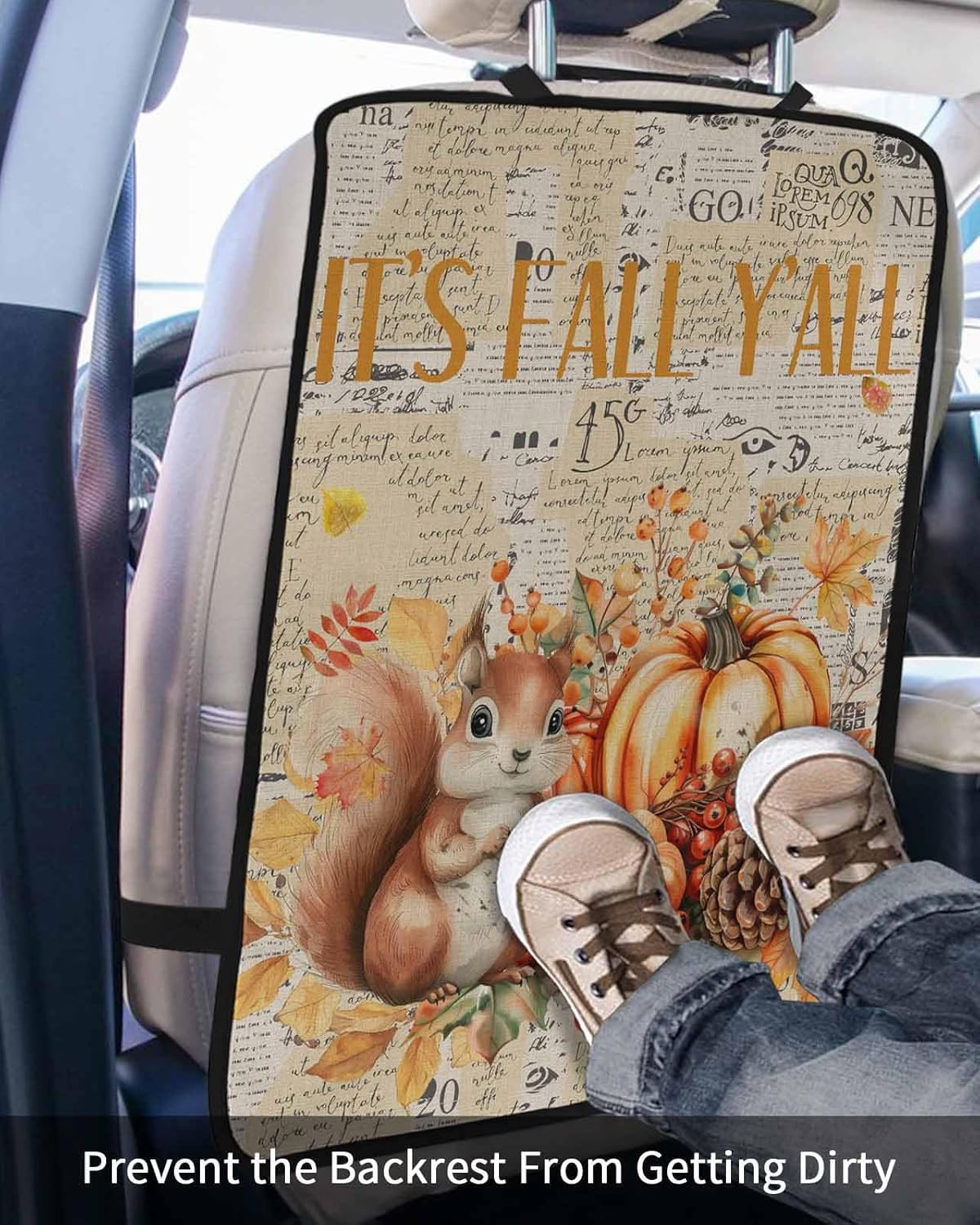 Car Seat Protector, 2 Pack Kick Mats Back Seat Protector Fall Thanksgiving Retro Cute Squirrel Pampkin Maple Leaves Waterproof Backseat Cover for Kids Universal Fit Automotive Interior Protectors