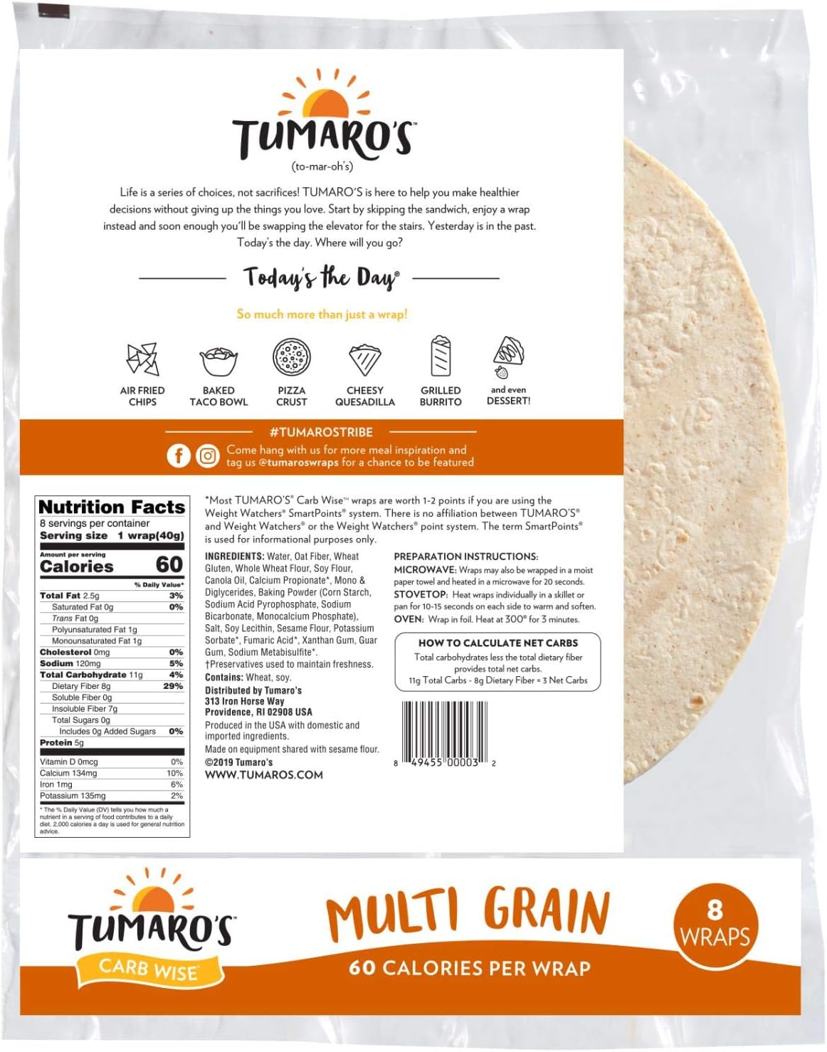 Tumaro's 8" Carb Wise Wraps Multigrain 8 Count Case