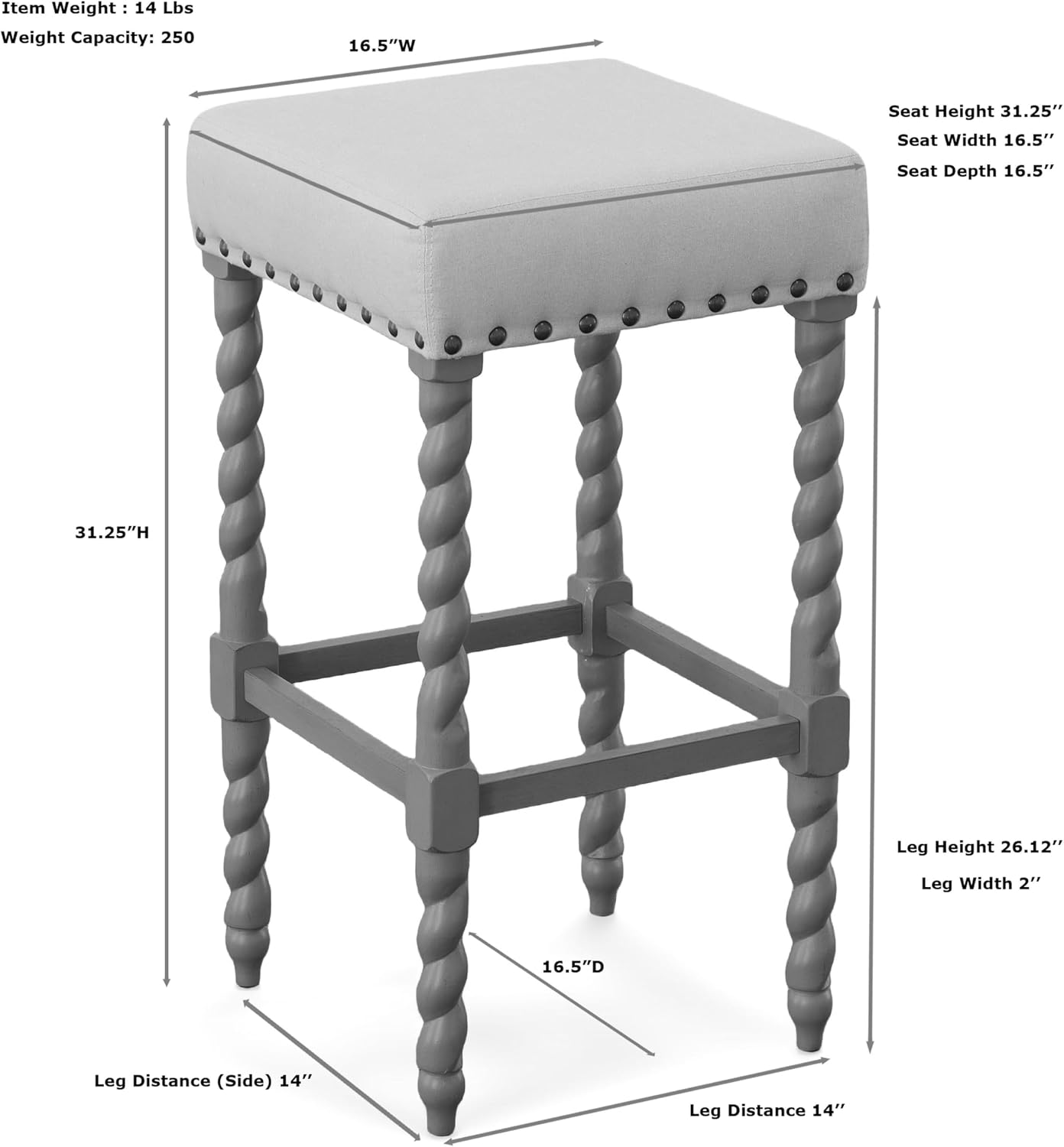 Carolina Chair & Table Flora 30" Bar Stool with Linen Upholstered Seat - Solid Wooden Frame, Twist Turned Legs with Antique Brass Nailhead Trim Accent Stool for Kitchens, Bars (Espresso/Brown)