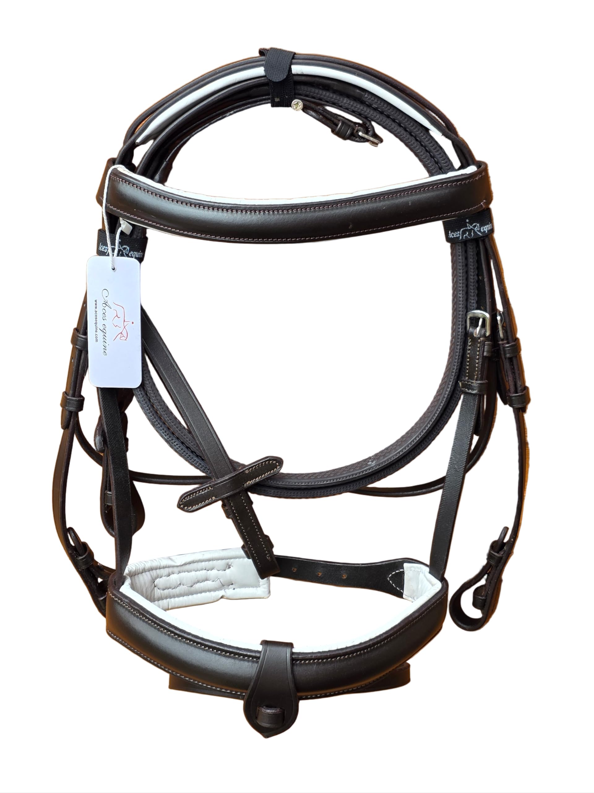 Bonfire Comfort Horse Bridle Brown And White Premium Leather with Padded 1.5 Inch Noseband Raised Browband Detachable Flash Strap Stainless Steel Fittings and Leather Rubber Grip Reins (Pony)