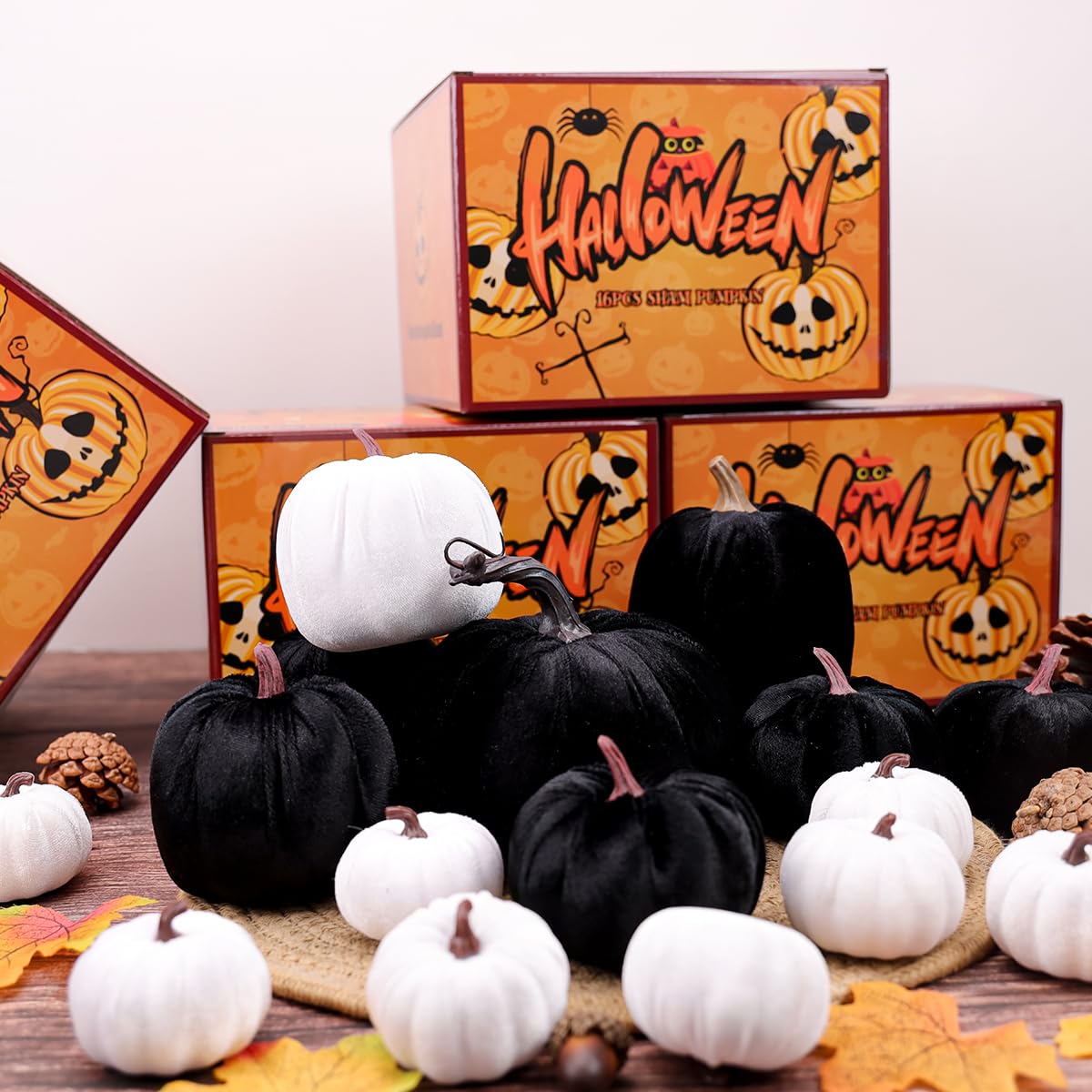 16pcs nero Halloween Faux velluto zucche decorative set Halloween falso schiuma zucca Ringraziamento cucina decorazione autunno chiesa decorazione