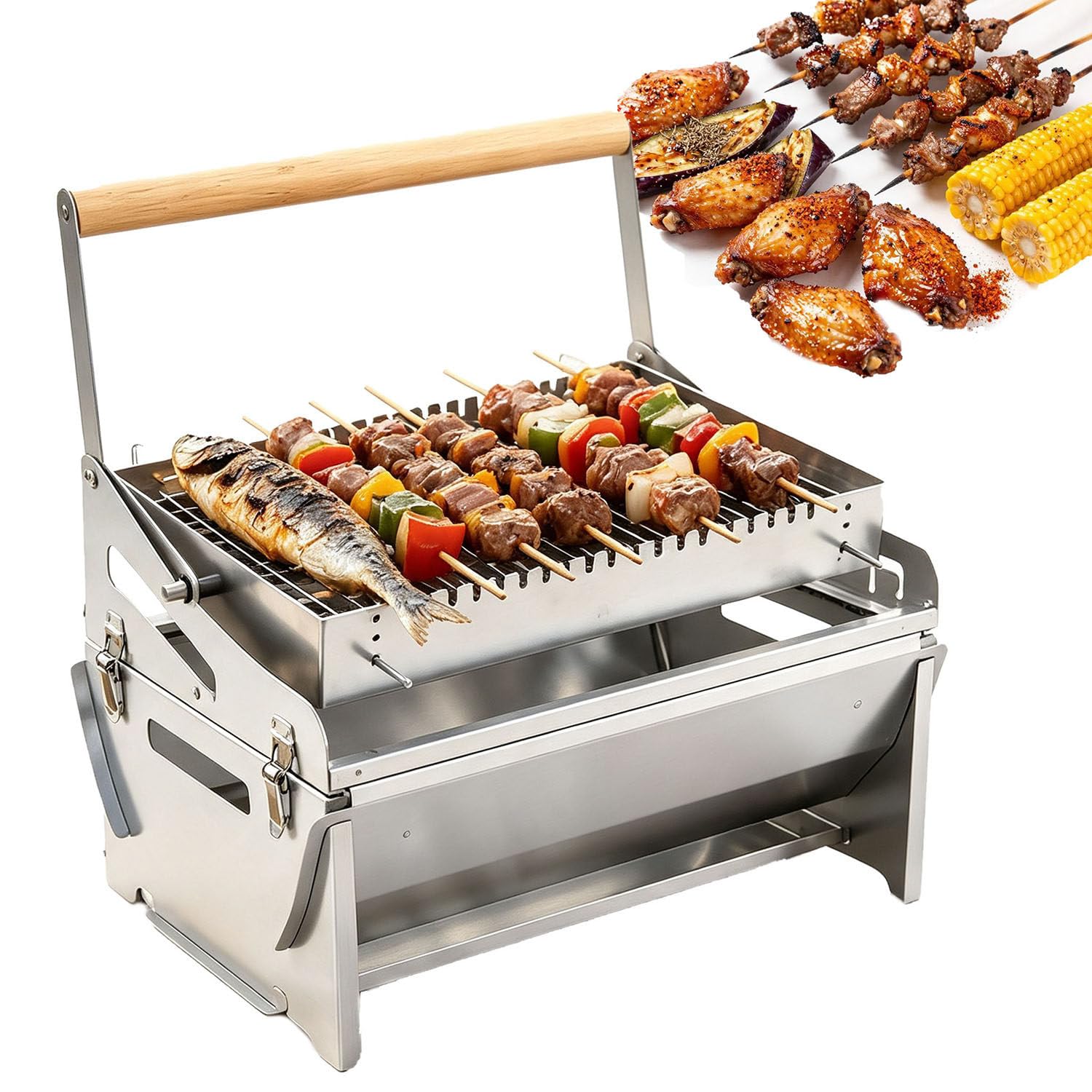 Grill węglowy ze stali nierdzewnej z funkcją obrotu o 360 stopni,w pełni odłączany,łatwy w czyszczeniu,obrotowy grill BBQ z uchwytem z odpornego na ciepło drewna