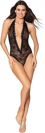 Dreamgirl Womens Deep V Black Lace Teddy