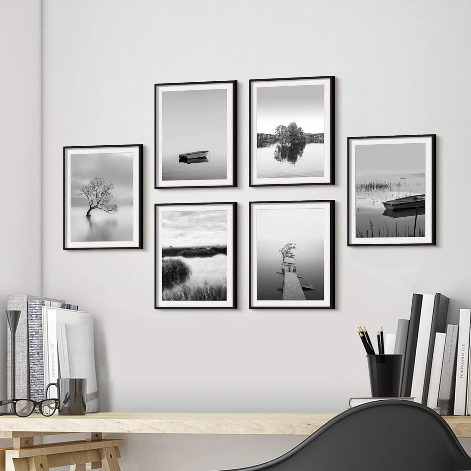 Landscape Lake Wall Art Framed: Pier Picture Peaceful Nature Dock Scene Painting Print Decor 6 Piece Vertical Black Boat Artwork for Living Room Bedroom Office (Glass Panel Protection)
