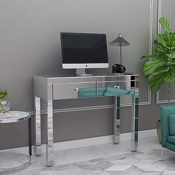 Mirrored Writing Computer Desk with 2 Drawers, Modern Sturdy Office Desk for Home Office Workstation, Silver/Mirror