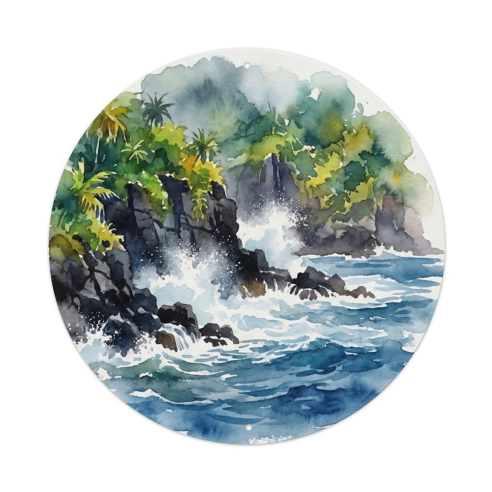 Olyhtr 8X8inch Classic Style Borabora Volcanic Rock Shore Waves Watercolor Metal Tin Sign