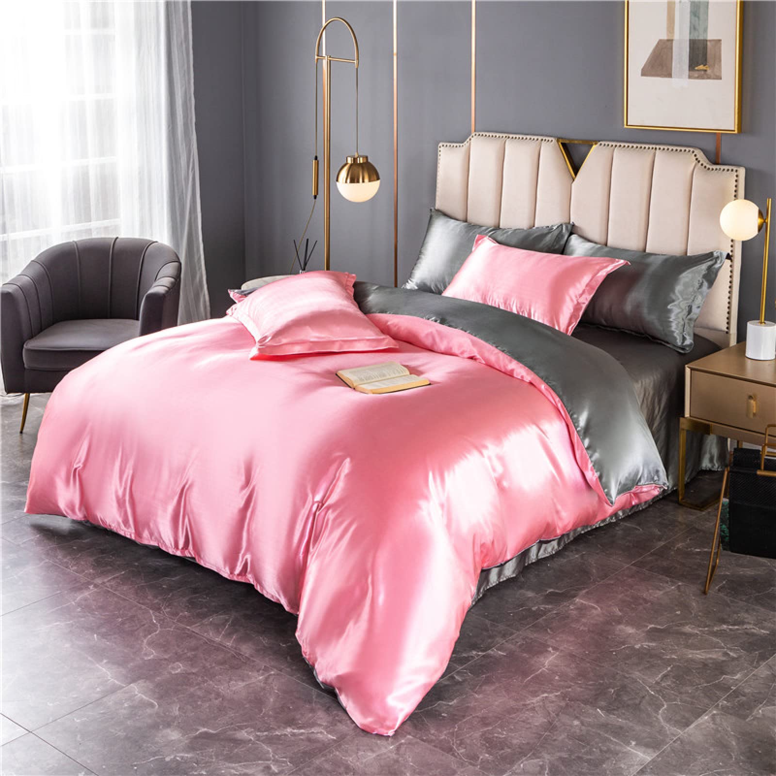 Housse de couette 220x240 turquoise en satin de soie avec ses 2 taies d'oreiller assorties