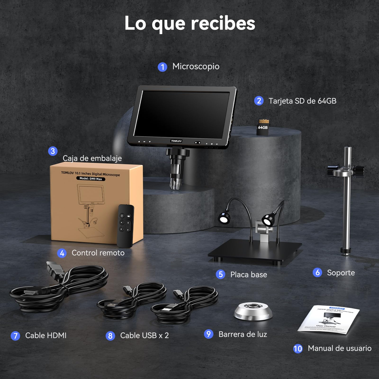 TOMLOV DM9 MAX 10,1" Microscopio Digital, 20MP Lupa para Monedas/Soldadura con Pantalla IPS HD, Regalo para Adultos/Niños, 10 Luces LED Ajustables, Compatible con PC/TV