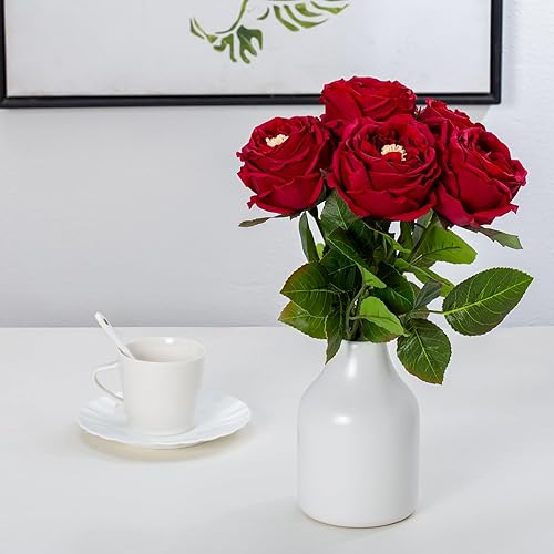 Miniatura 6 de DuHouse 5 rosas de seda falsas rojas con tallos de tacto real rosas artificiales para arreglos de boda, fiesta, decoración del hogar