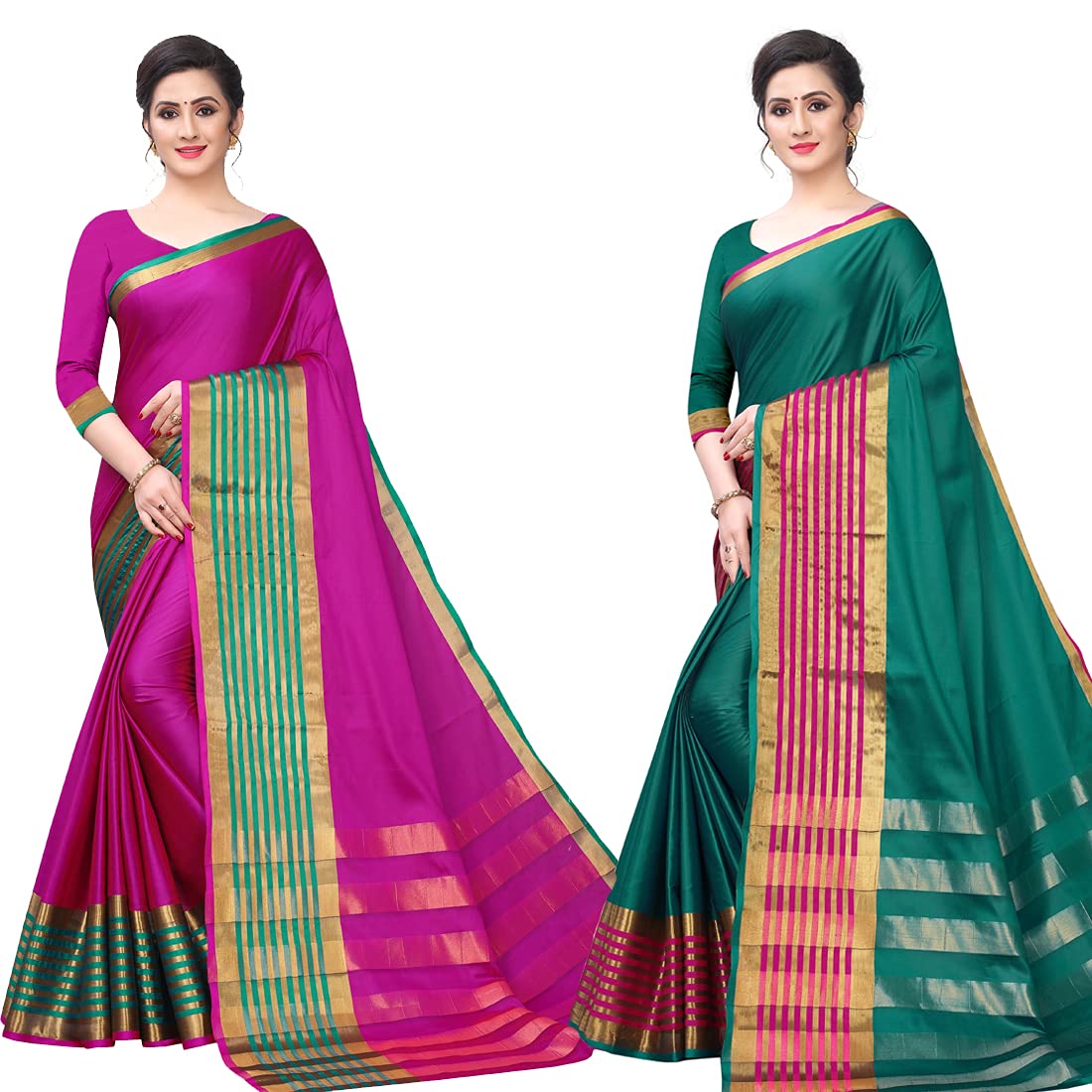VJ Fashion Women's Cotton Silk Saree With Blouse Piece (Pack of 2)