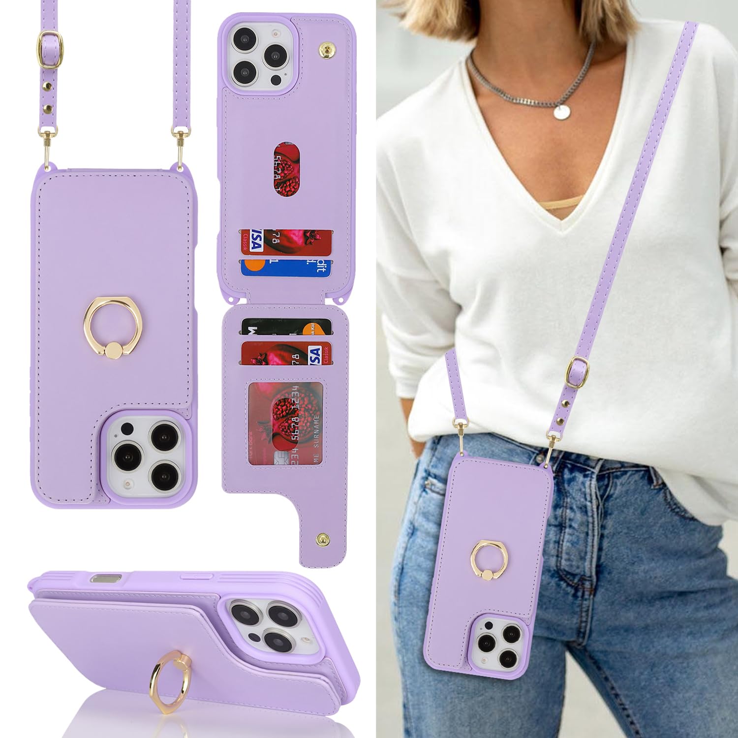 Lipvina for iPhone 16 Pro Max Case with Card Holder and Strap for Women,Crossbody Lanyard,RFID Blocking,Ring Stand,Snap Clasp,Cute Lightweight Leather