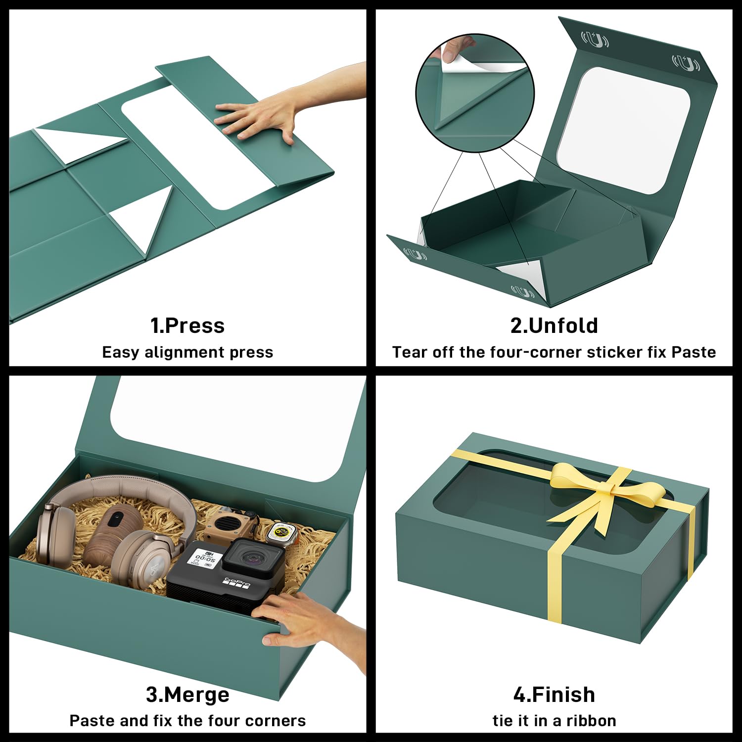 PSHVYM Große Geschenkbox mit Fenster, 34,9 x 22,9 x 10,9 cm, in grüner Geschenkbox für Geschenke, magnetische Deckel, zusammenklappbar, für Brautjungfernantragsbox, Hochzeit, Geburtstag, Weihnachten,