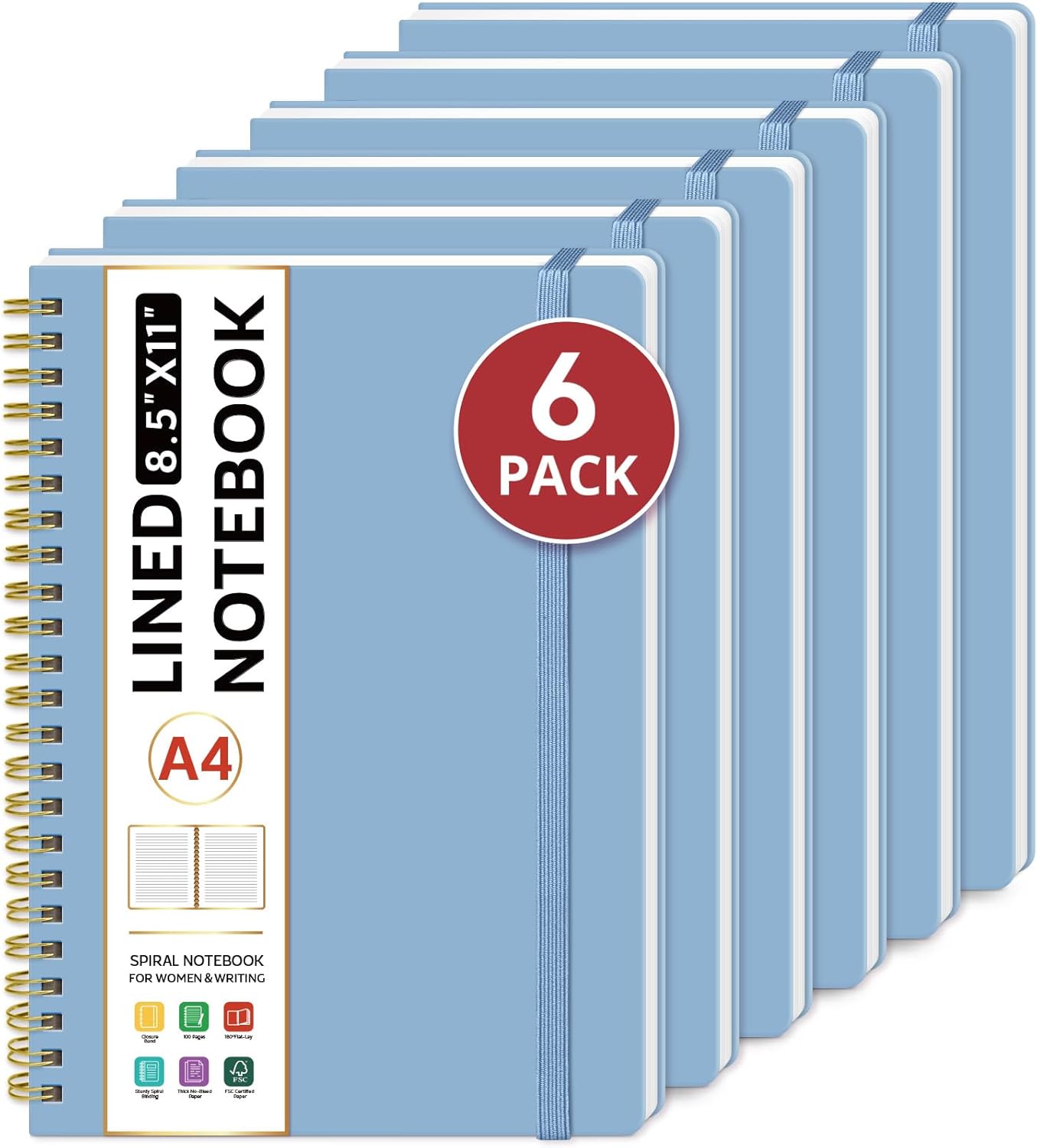 Taja Spiral Lined Notebook, 8.5"x11" Notebooks for Work, 6 Pack, Large A4 Journal for Women & Men, College Ruled Journaling Notebook for Writing, 6 Pcs, Plastic Cover Spiral Journal, Blue