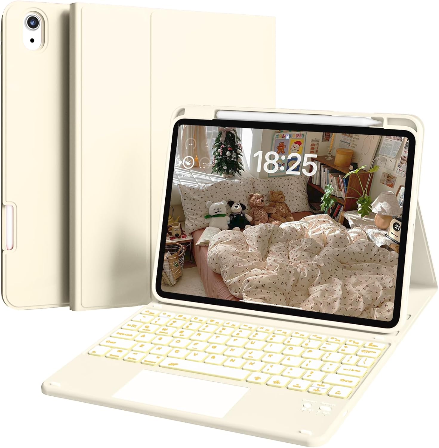for iPad (A16) 11th/10th Gen Case with Keyboard - 7 Colors Backlit,Multi-Touch Trackpad,Detachable Keyboard Cover with Pencil Holder for iPad A16 11 inch 2025/10th 10.9 Inch 2022 (Cream White)