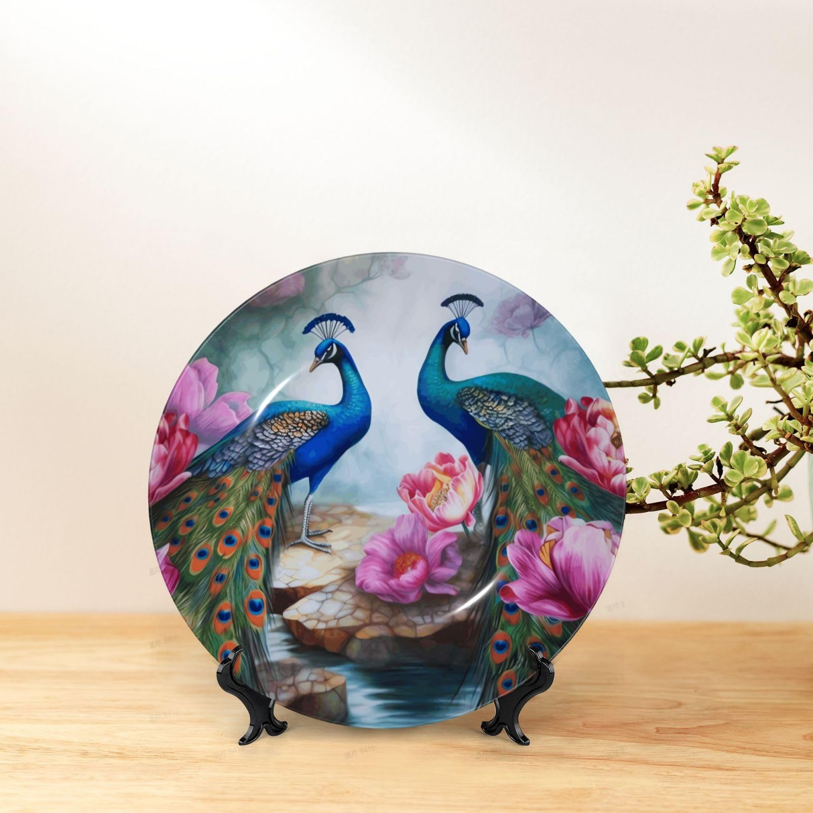 Magnifique assiette décorative en porcelaine anglaise avec image de paons et de lotus - Assiettes à dîner personnalisées en porcelaine avec support de présentation - Assiette décorative en