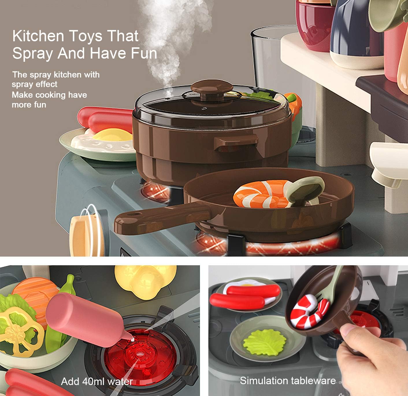 F4GOGO Little Kitchen Play Set, Kids Play Kitchen with Realistic Lights & Sounds, Simulation of Spray, Play Sink with Running Water, Utensils Accessories & Pretend Role Play Toys for Boys Girls : Toys & Games