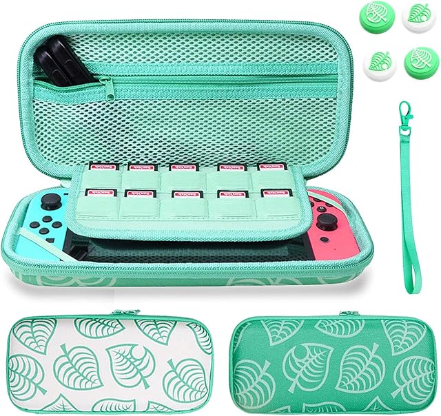 Lucylanker Carrying Case for Nintendo Switch, 3 in 1 Protective Storage Travel Bag Set with 10 Game Card Slots for Leaf Crossing Switch Console Include Keycap Caps & Hand Strap