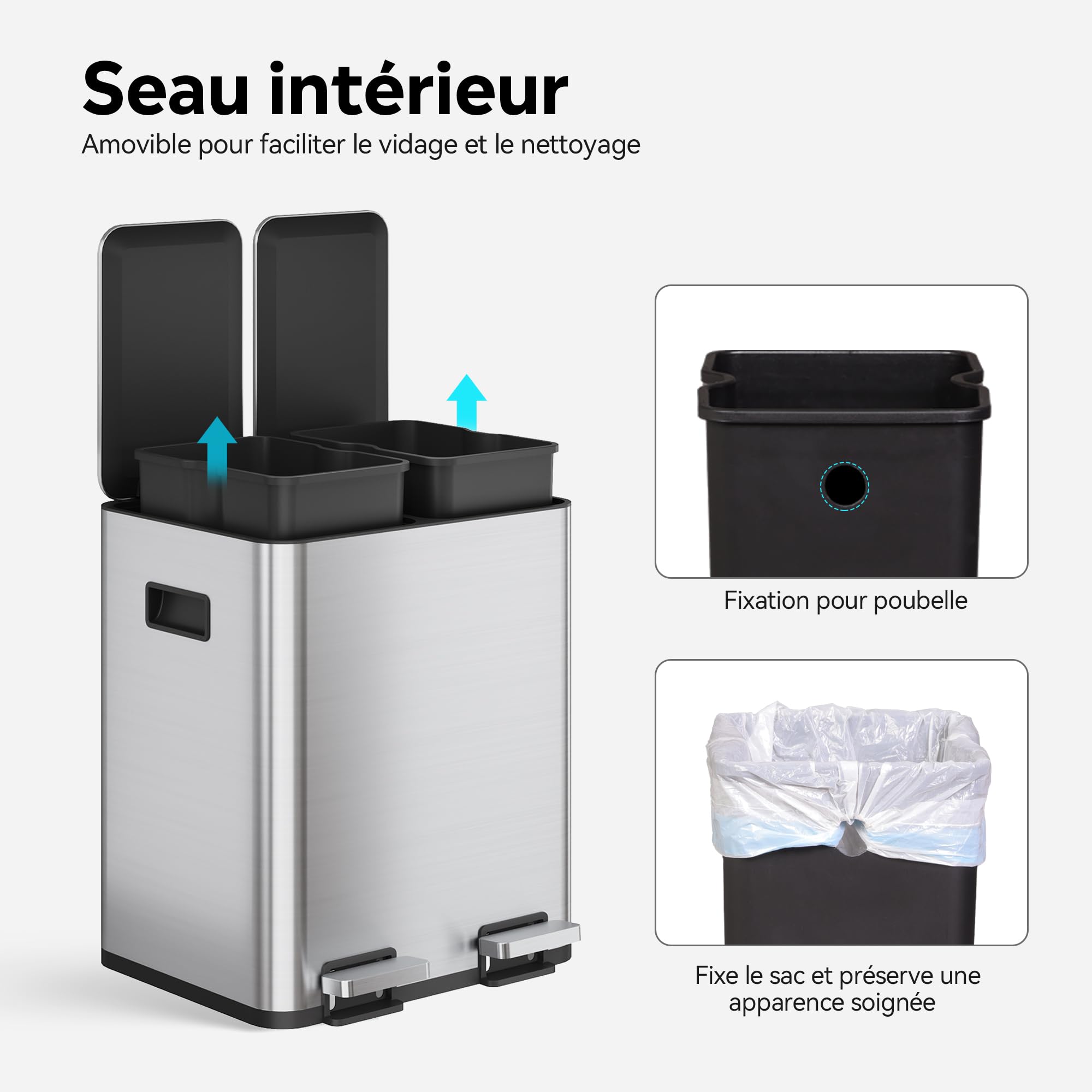 WLIVE Poubelle de Cuisine 30L avec 2 compartiments, Bac de Tri Sélectif, Acier Inoxydable, Pédale Mains Libres, Anti-Odeurs, Design Compact, Gris