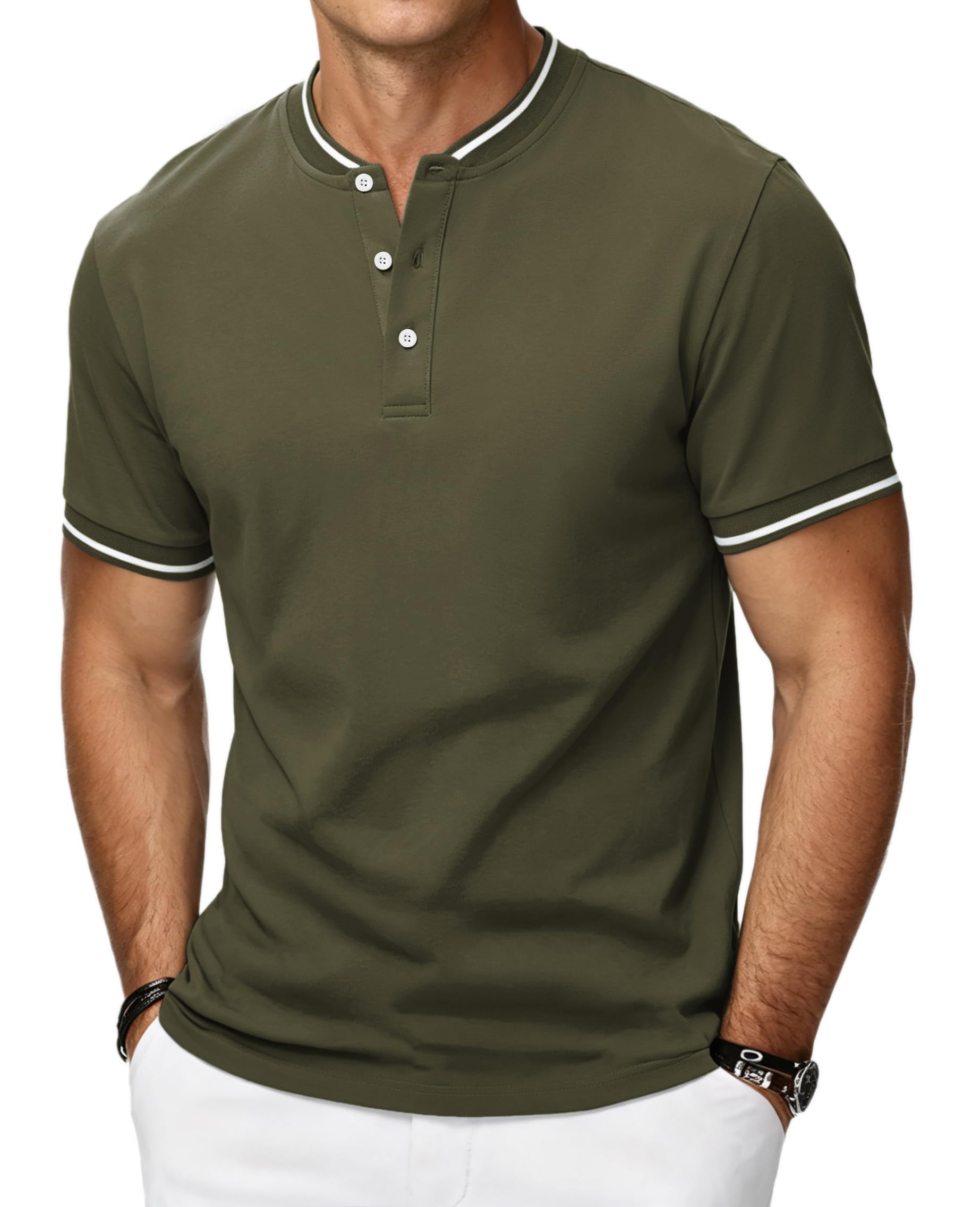 HMIYA Poloshirt Herren Kurzarm Atmungsaktiv Baumwolle Sommer Henley Knopfleiste Kontrastierender Einfassung Basic Golf T-Shirts