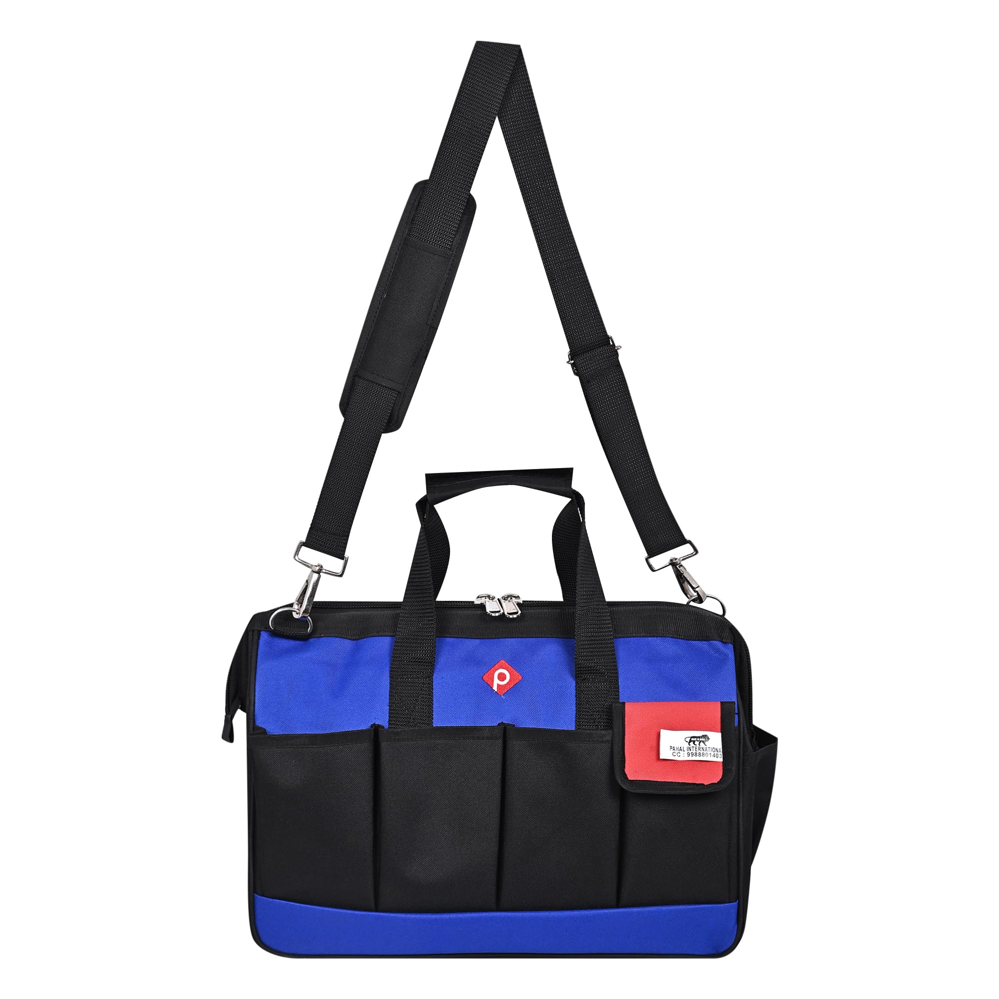 PAHAL 16 Inch Tool Bag Wide Mouth, Heavy Duty Waterproof Nylon Tool Organizer for Electrician, Technician, Plumber, AC Mechanic & Carpenter (Blue, Large, Multi-Pocket, Empty)