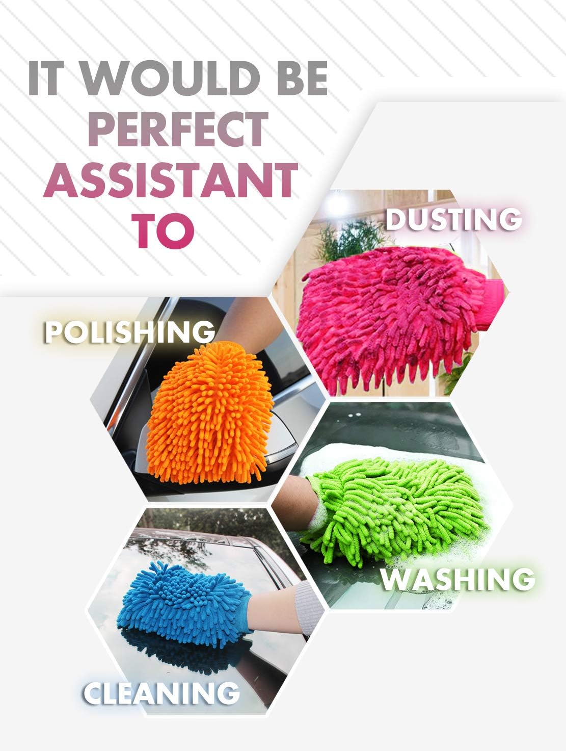 Aeroway Chenille Microfiber Premium Scratch-Free Car Wash Mitt - Double Sided, 4 Pack, 4 Color,Regular Size