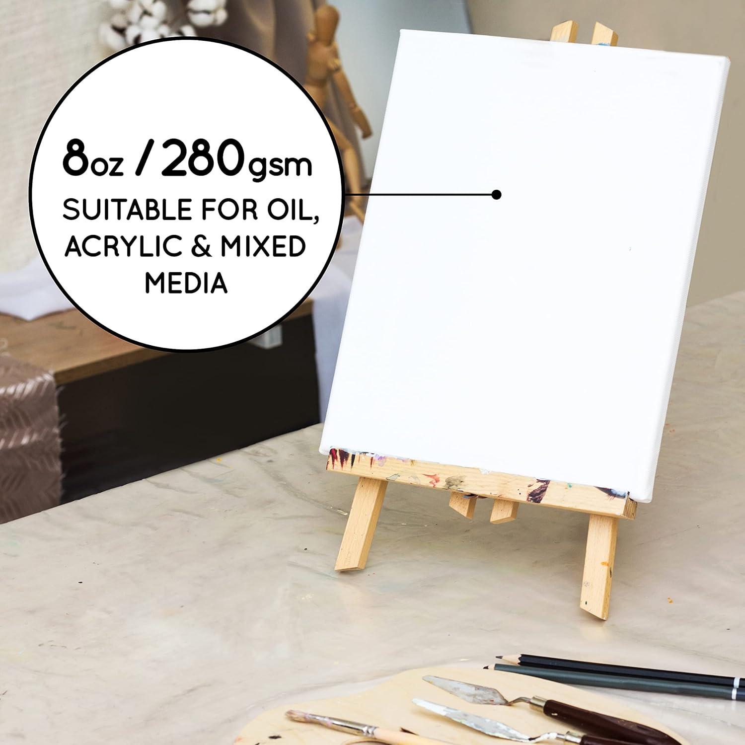 Artistik 8"x10" Stretched Canvases with Pine Wood Bars (Pack of 12)– Artist-Quality Triple-Primed Blank Canvas for Painting – Suitable for Oil, Acrylic, and Mixed Media