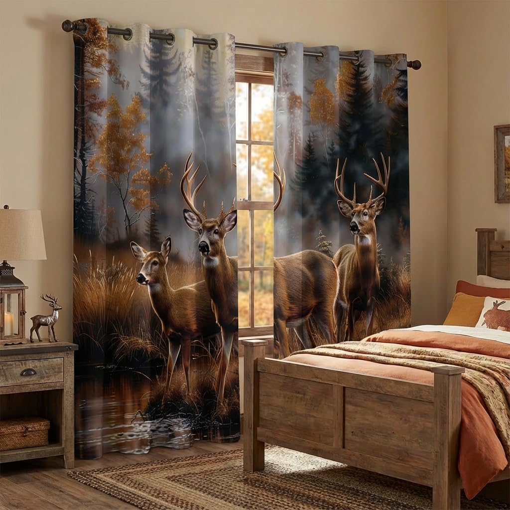 Deer Blackout Curtains for Bedroom, Rustic Cabin Wildlife Window Drapes, Whitetail Hunting Grommet Thermal Insulated Curtains for Living Room, 63 x 63 Inch, 2 Panels