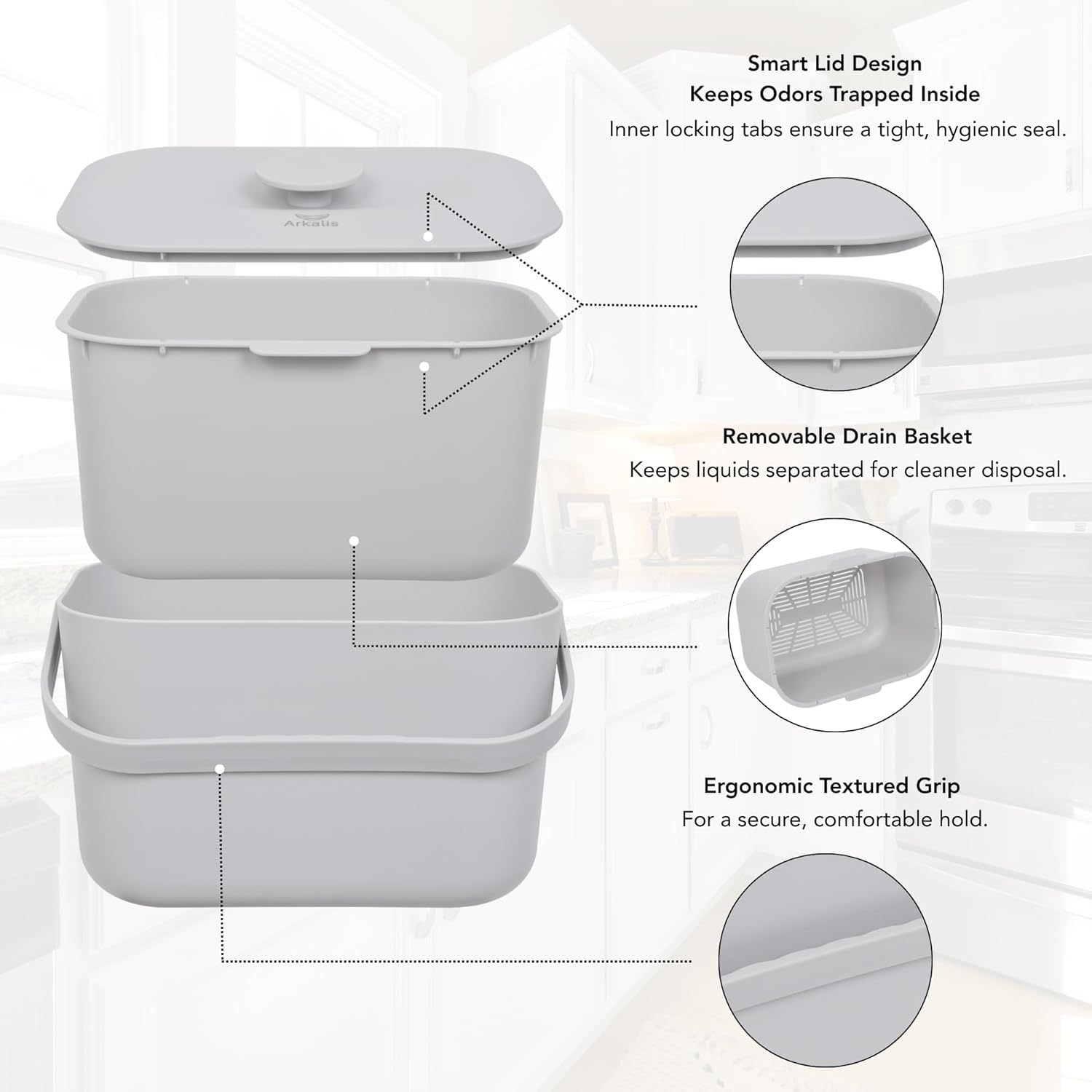 Kitchen Compost Bin – 1.3 Gallon Countertop Compost Bin with Lid, Odor-Blocking, No Charcoal Filters Needed, Indoor Compost Bin with Removable Basket, Easy Clean