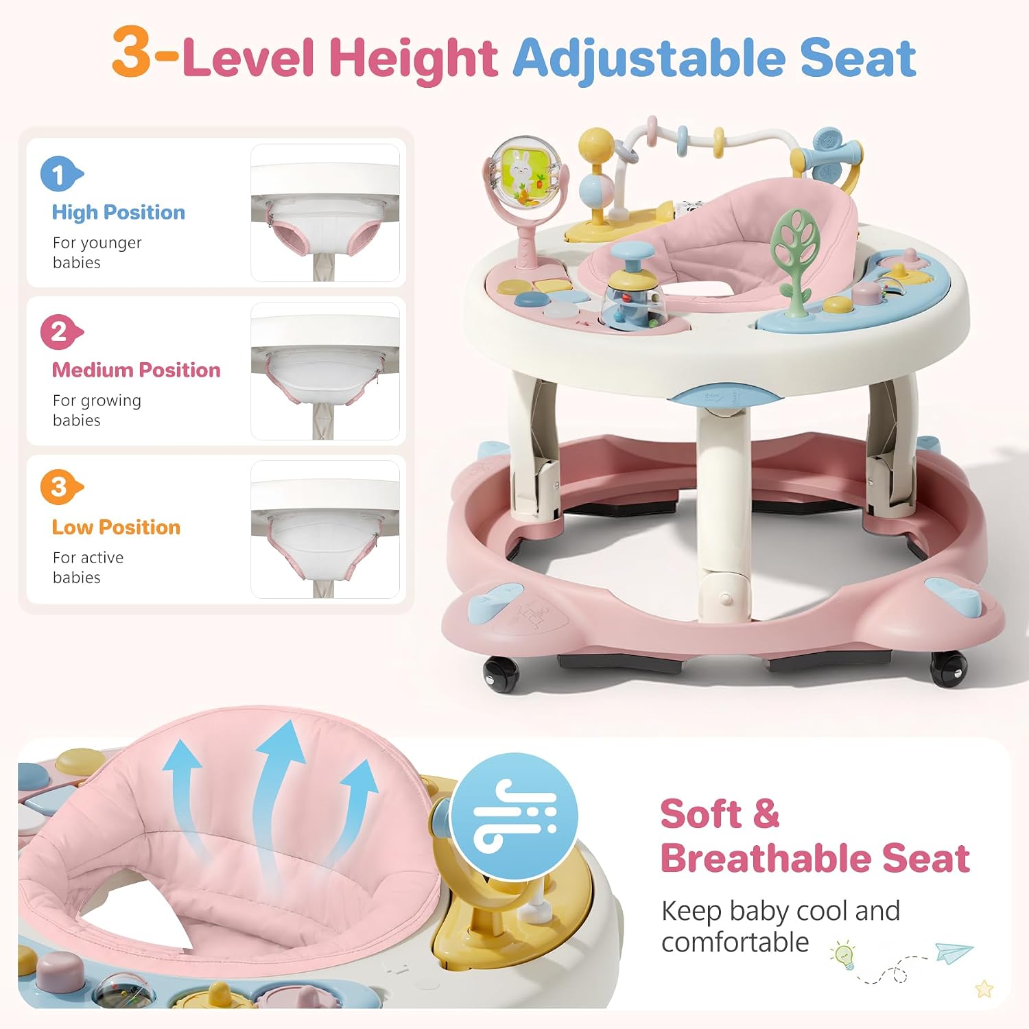 Baby Walker with Wheels, Foldable Baby Walker for Baby 6-12 Months, 3-Position Rotating Seat with Interactive Activity Center, Music Buttons, Baby Walkers for Boys Girls(Pink)