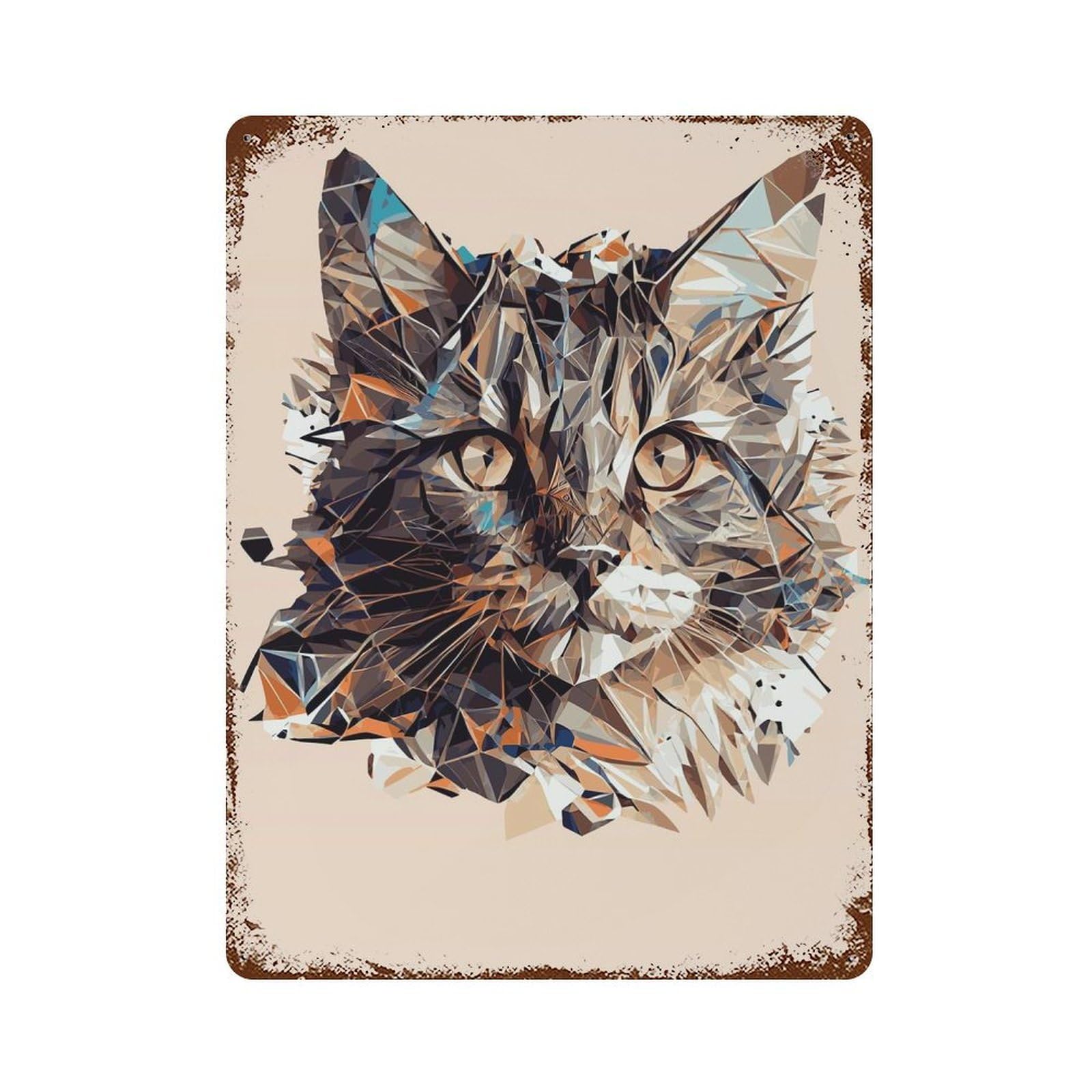 Geometric Cat Portrait Weathered Tin Sign 15.7"x11.8", Rustic Home Decor for Garage, Bar And Workshop Decor