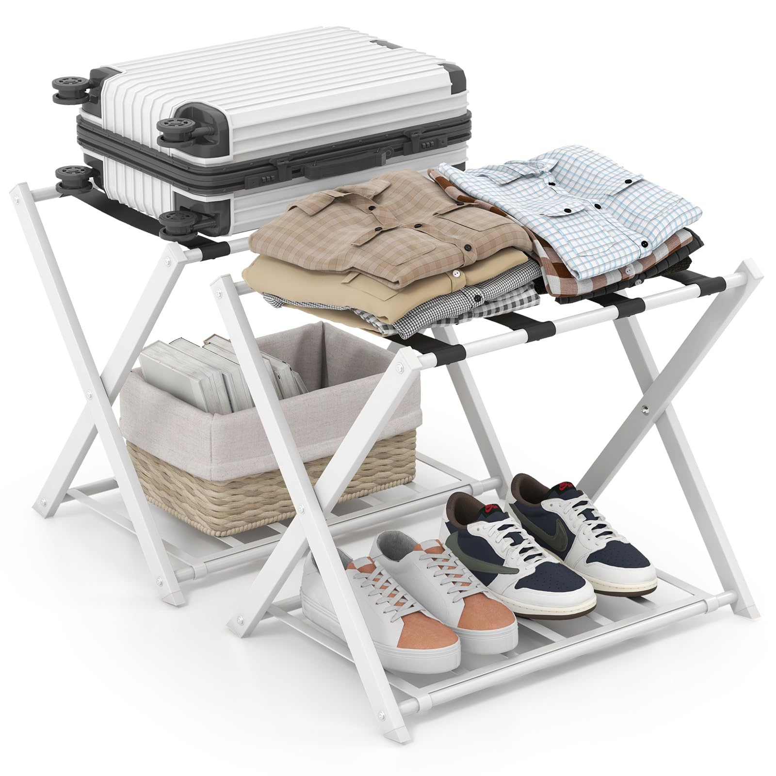 GYMAX Portavaligia da Hotel in Ferro 50 kg Pieghevole a 2 Ripiani 68x45x57 cm 2 Pezzi Bianco