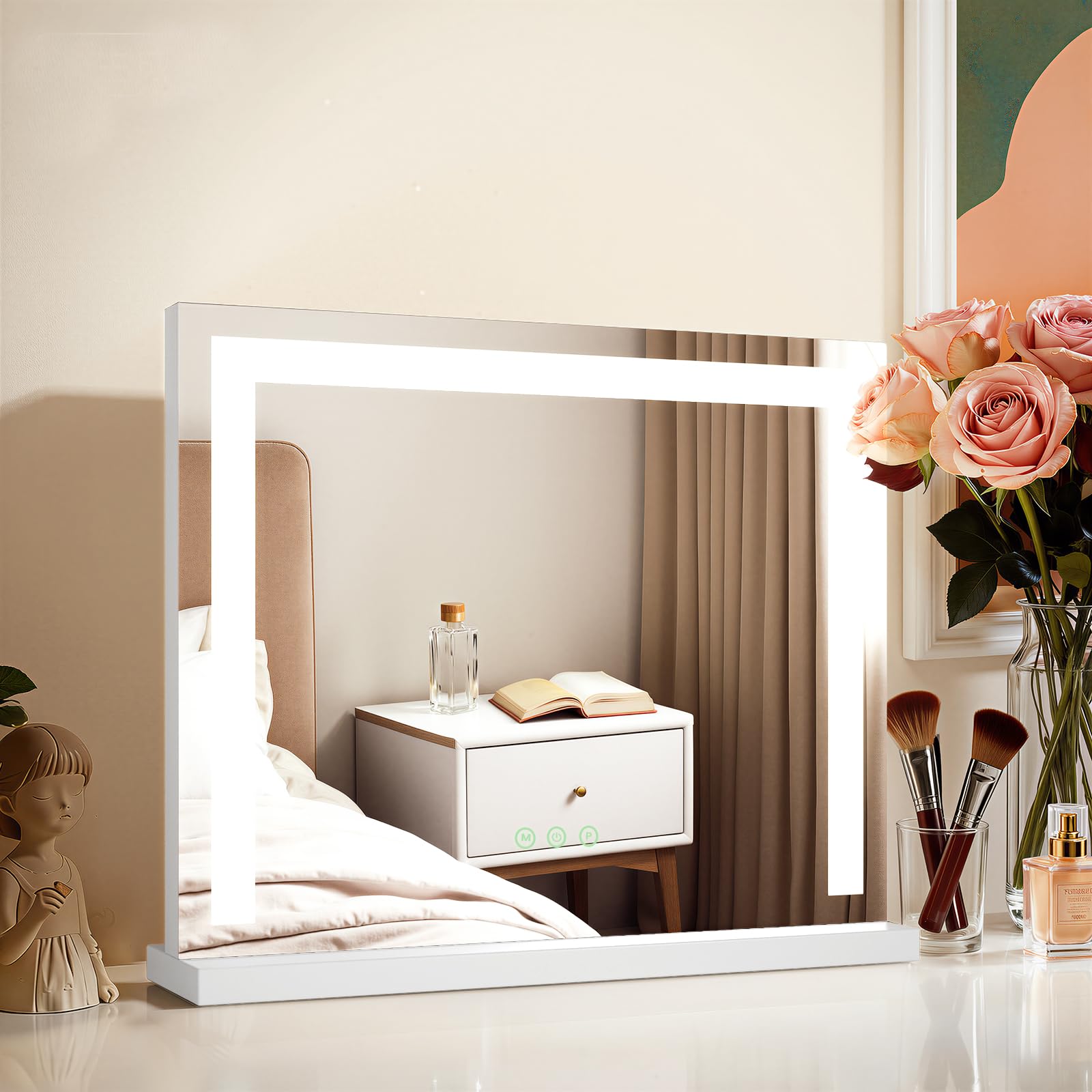 Heilmetz Hollywood Vanity Mirror, Dressing Table Mirror with Lights, 60 x 53 cm Large Tabletop Vanity Mirror with Touchscreen 3 Color Lighting Modes Dimmable for Women Present, White