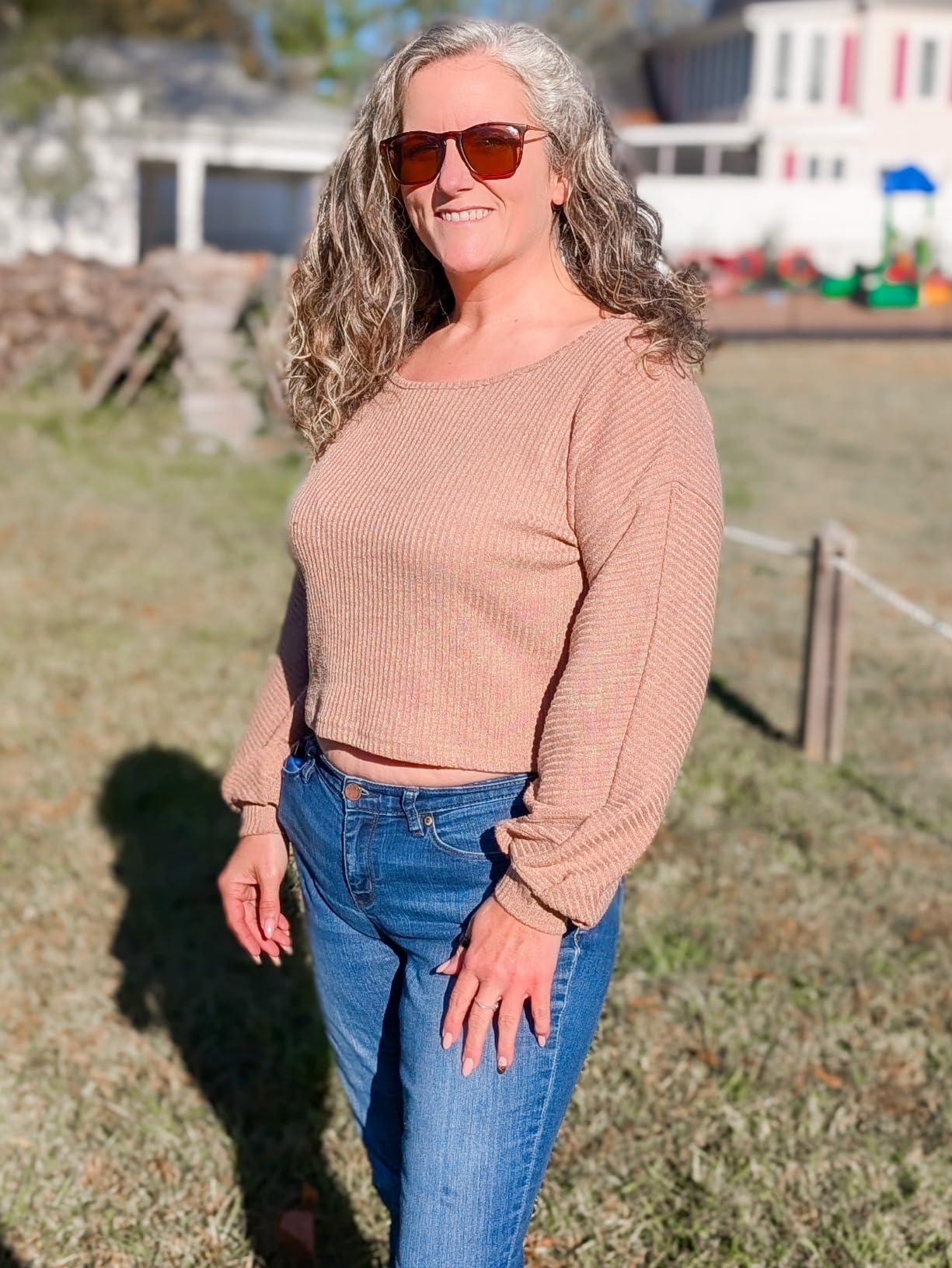 ZAFUL Women Ribbed Knit Long Sleeve Tops Shirts Lantern Sleeve Oversized Pullover Crop Sweater