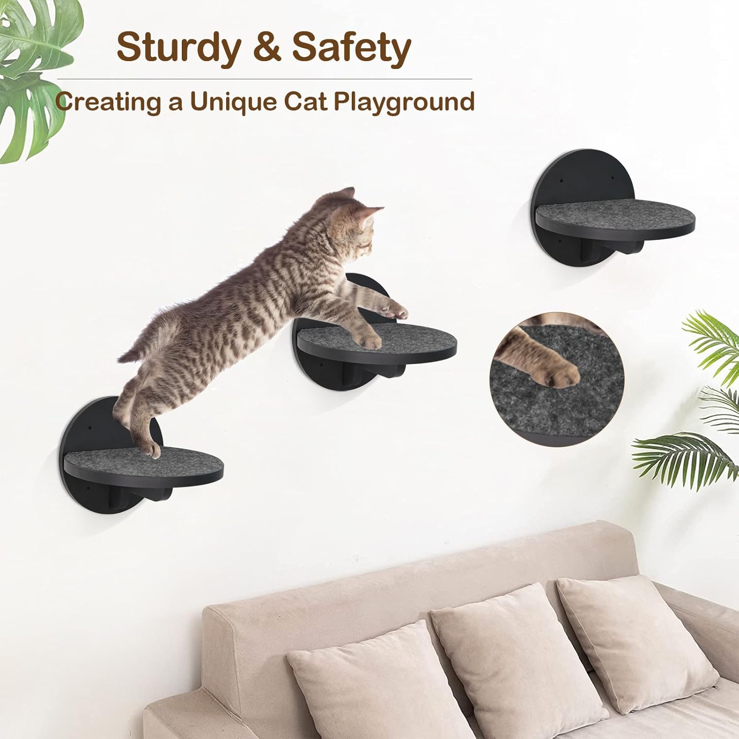 review Y&ME YM 3-Packs Cat Climbing Shelves Wall Mounted, Cat Wall Steps Shelves, Cat Wall Shelves with Scratching Pad, Cat Wall Furniture for Cats Sleep Climb Play, Cat Shelves Cat Stairs Cat Ladder (Black)