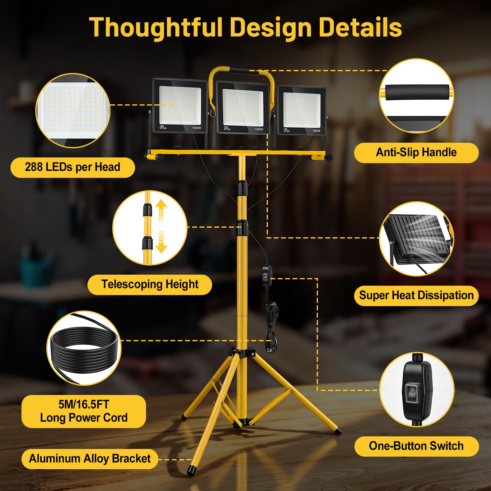 Yofuly 3x 100W Foco LED de Trabajo 23,000LM, Focos LED Portátil con Trípode Telescópico 1,6M, IP66 Impermeable, con Cable de 5M, Luz de Trabajo para Obras, Jardines, Construcción