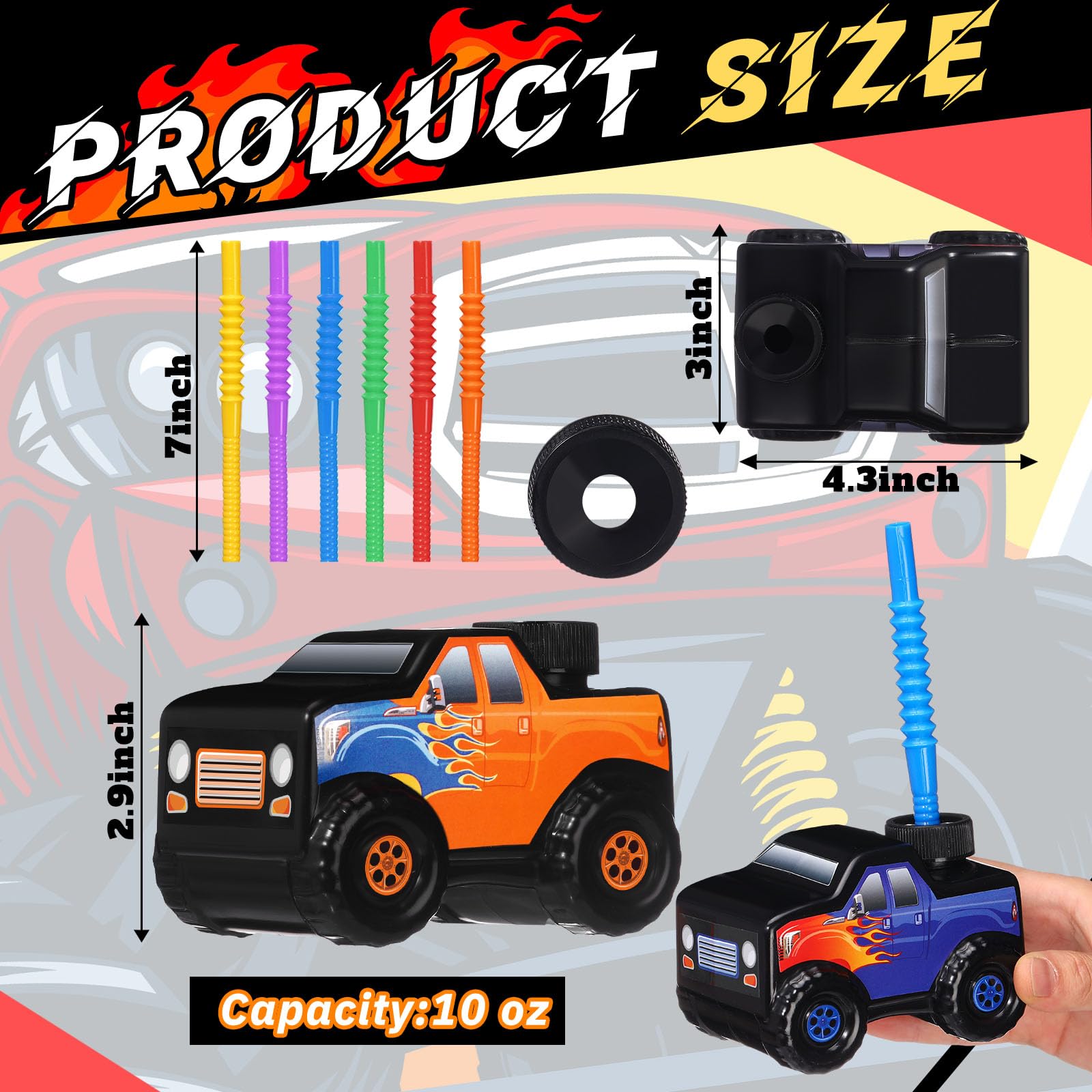 Tanlade Race Car Birthday Party Favor Supplies Truck Off Road Vehicle Cups with Straws, Plastic Off Road Vehicle Drink Cup Reusable Truck Cups Bulk for Racing Party Supplies(Splicing Color,24 Set)