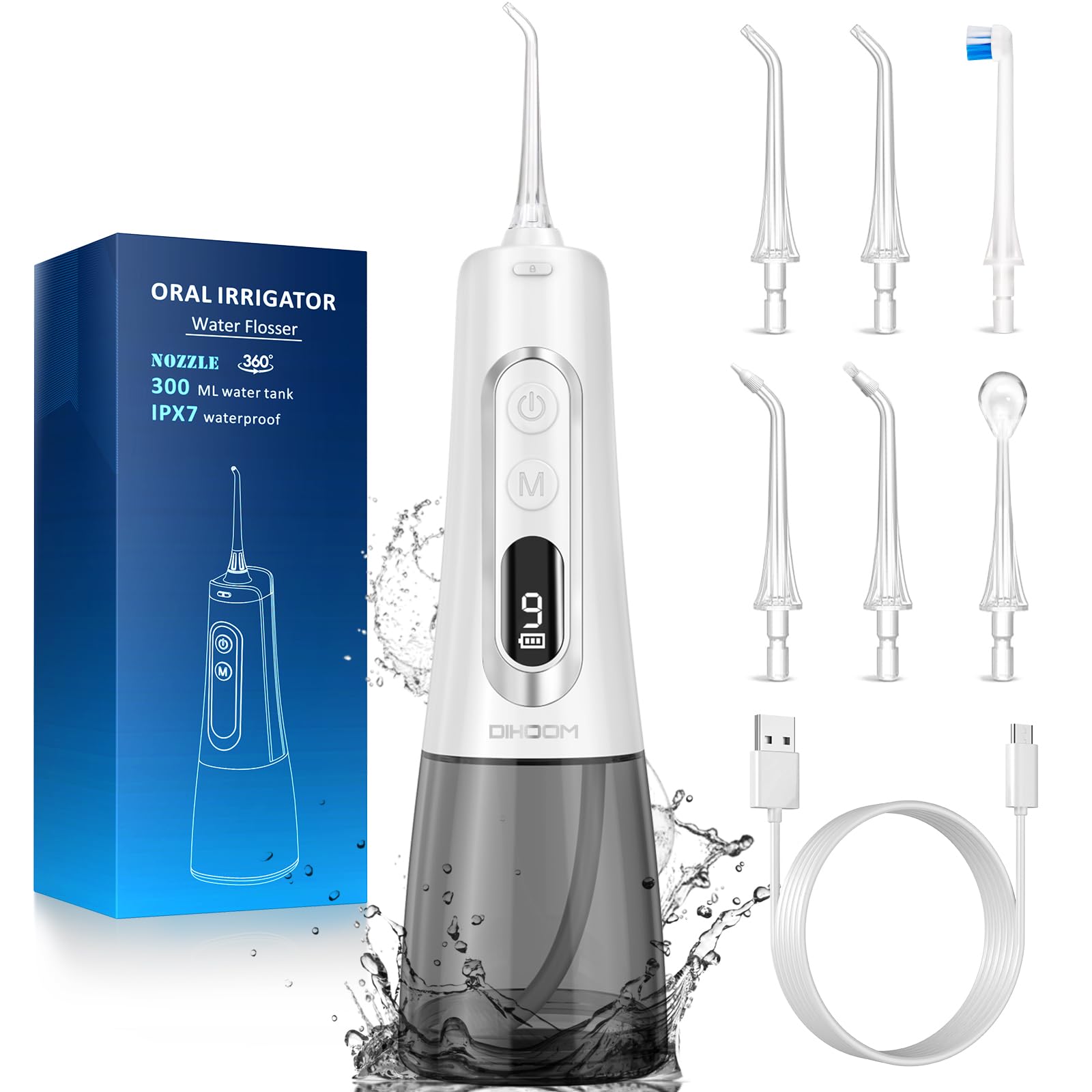 Idropulsore Dentale DIHOOM, Irrigatore Orale 300ml Professionale 9 Modalità e 4 Ugelli, Water Flosser USB Ricaricabile e IPX7 Impermeabile Idropulsore Dentale Portatile pe (Bianco)
