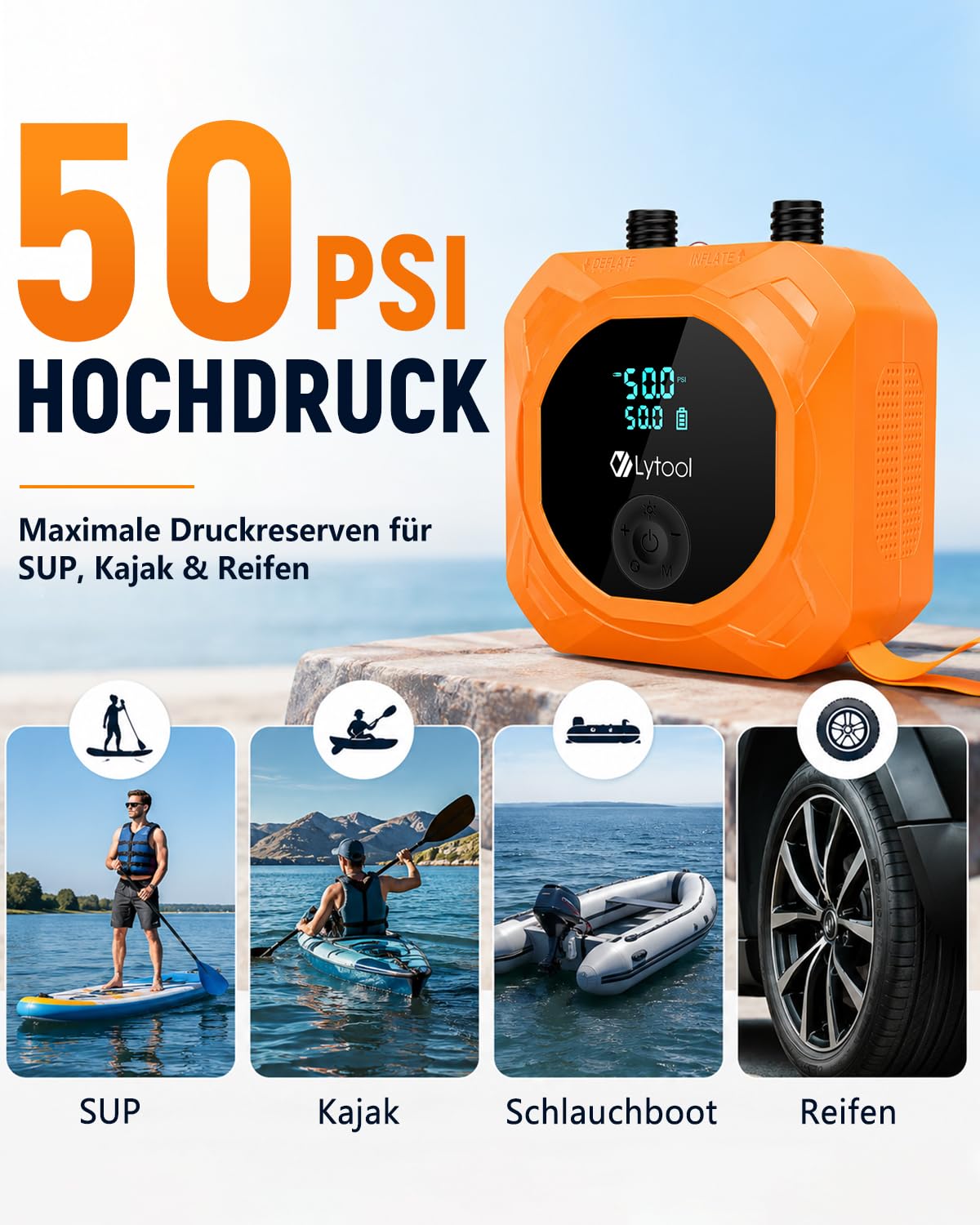 Elektrische SUP Pumpe (optional mit Akku / 12V KFZ-Anschluss) - Lytool 50 PSI Hochdruck Kombi-Luftpumpe mit Auto-Off für Stand Up Paddle Boards, Boote, Kajaks, Auto- und Fahrradreifen