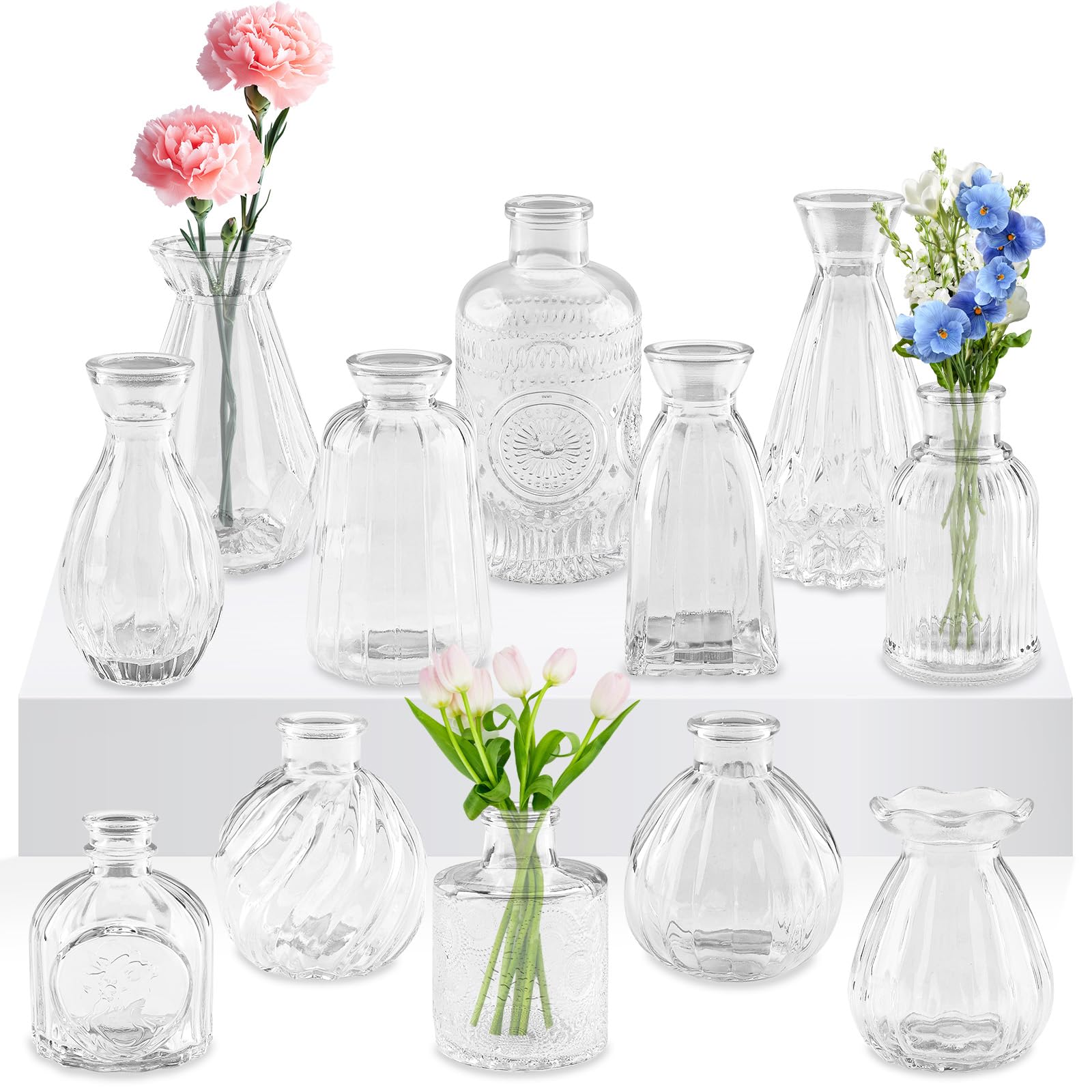 12 Vasi in Vetro Trasparente, Set di Vasetti Piccoli con Stili Diversi, Mini Bottiglie per Terrario Piante e Fiori, Decorazione Casa, Matrimonio, Centro Tavola Moderno