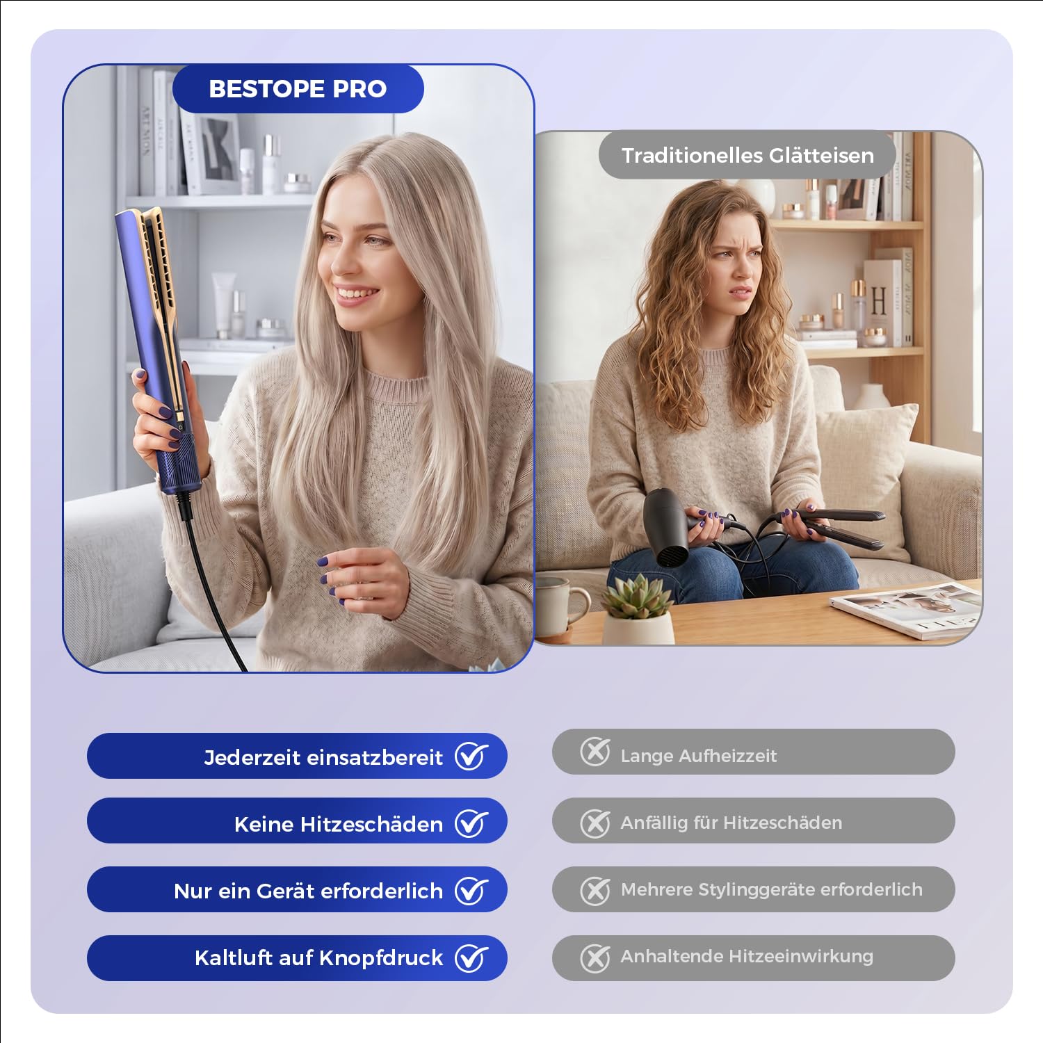 BESTOPE PRO Air Haarglätter 2 in 1, Airstraight Glätteisen, Nass-zu-Trocken | 110.000 U/min | 4 Temperaturstufen bis 160 °C | 3 Luftstromstufen | Kaltluftmodus | 200 Mio. negative Ionen für weniger Frizz